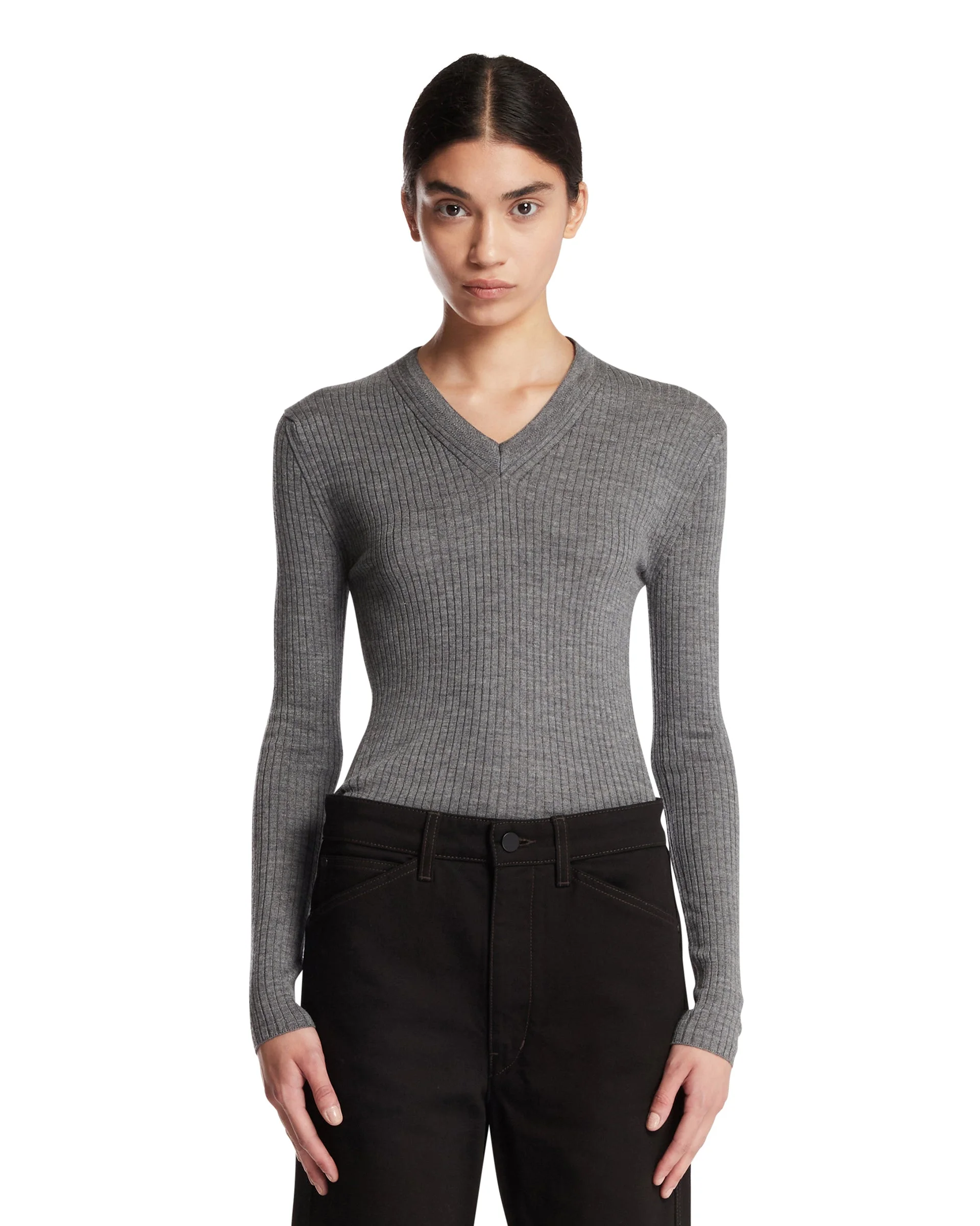 Gray Ribbed Wool and Silk Top - 1