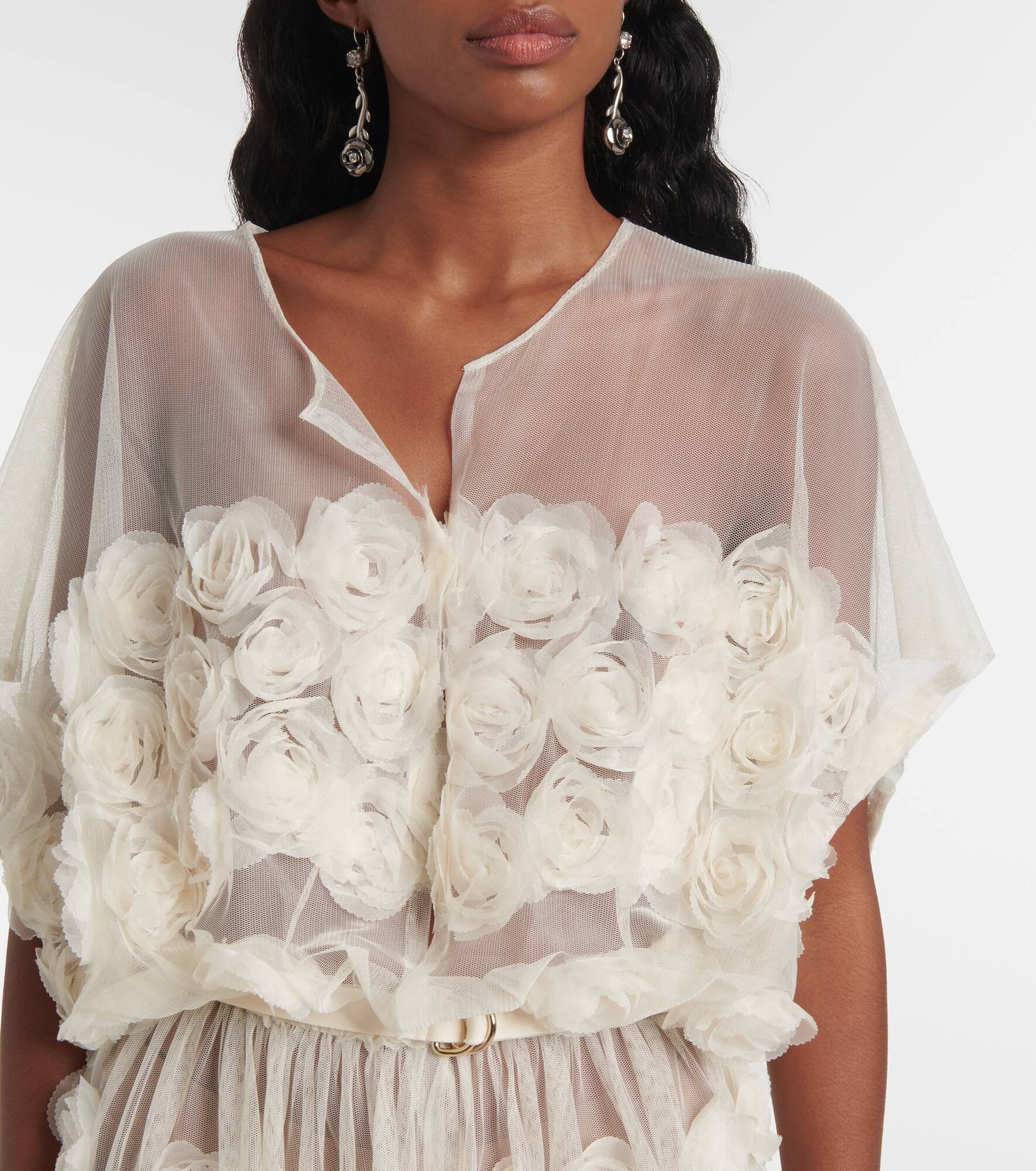Floral-appliqué belted sheer gown - 4