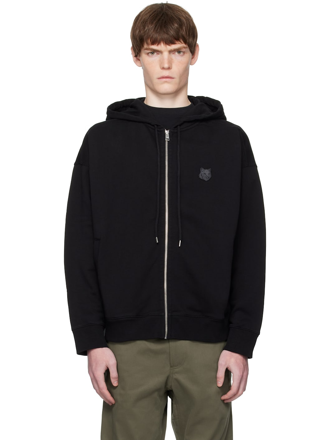 Black Bold Fox Head Patch Fullzip Oversize Hoodie - 1