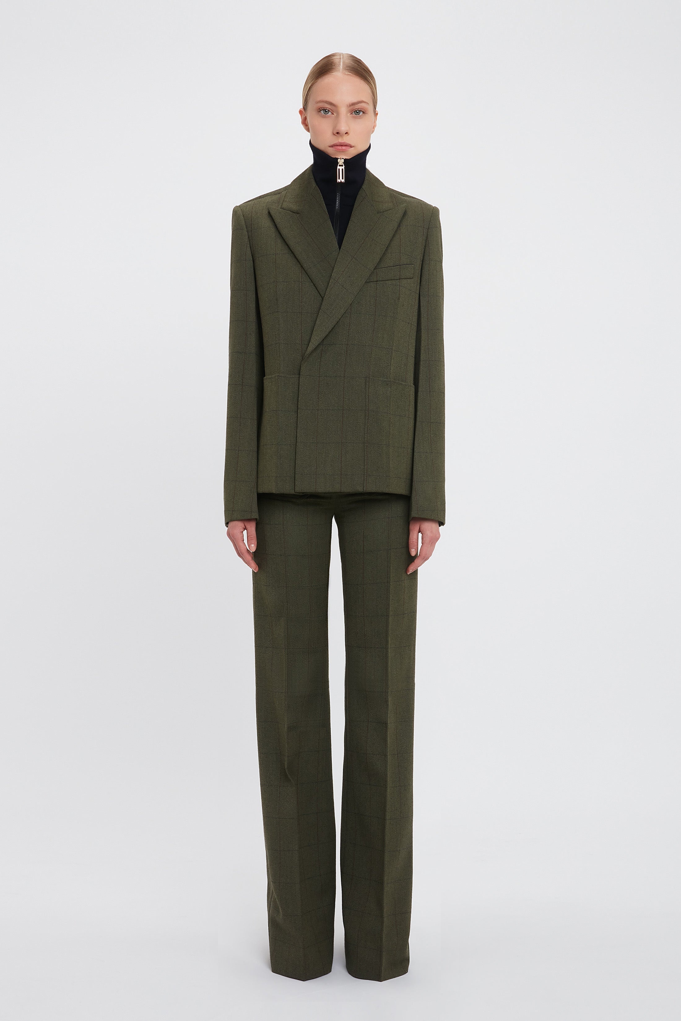 Double Breasted Slant Shoulder Jacket In Dark Fern - 2