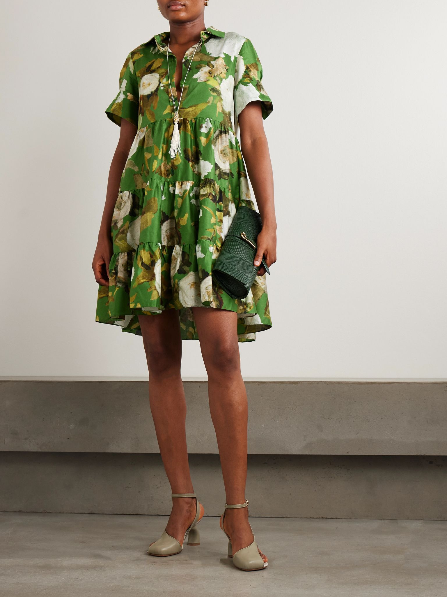 Gathered tiered floral-print cotton-poplin mini shirt dress Green - 2