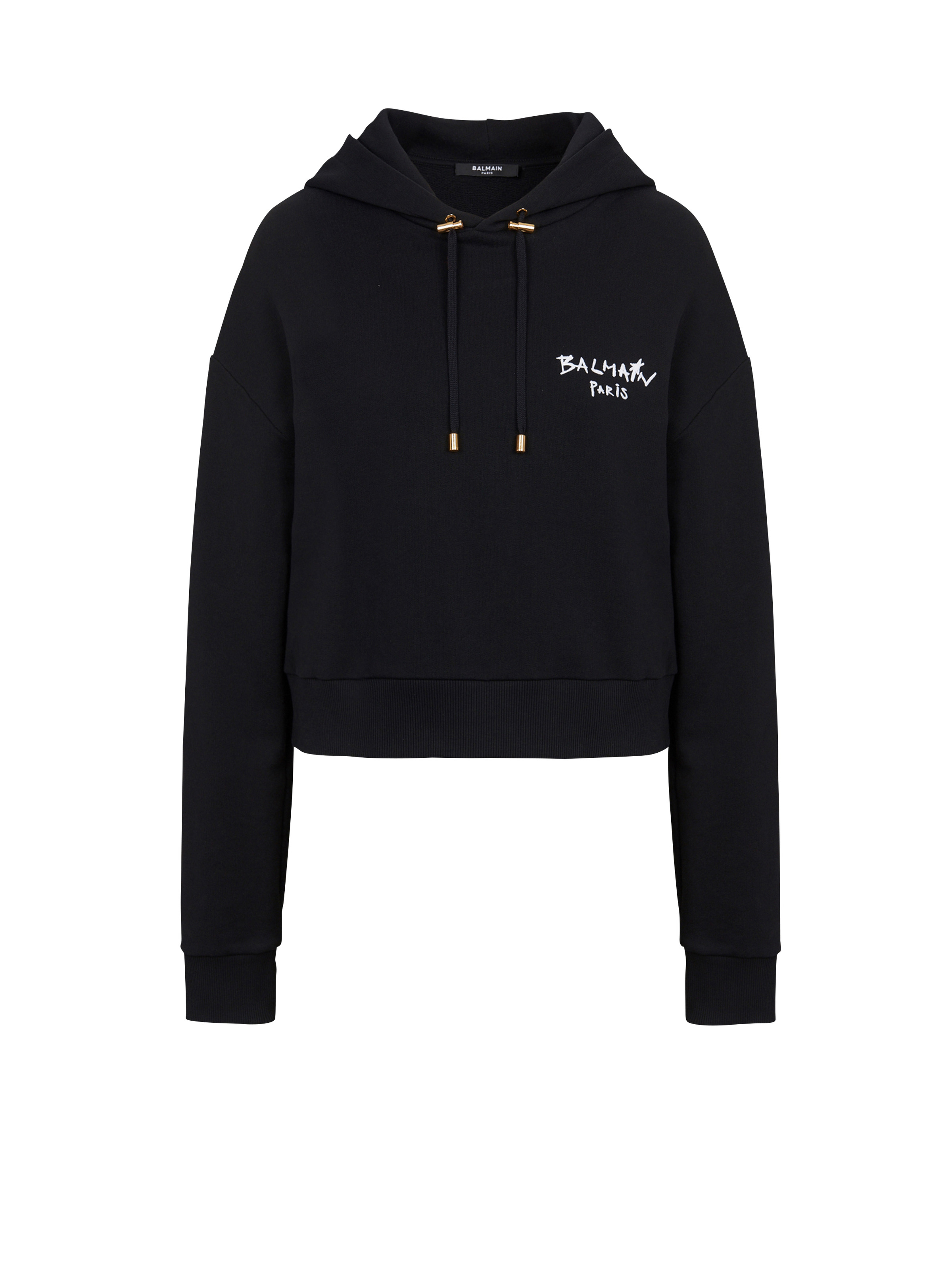 Cropped eco-design cotton sweatshirt with flocked graffiti Balmain logo - 1