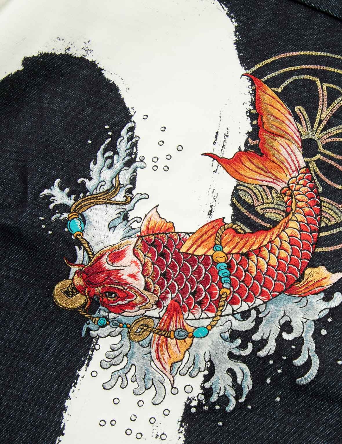 KOI EMBROIDERY AND BRUSHSTROKE DAICOCK PRINT CROPPED JEANS #2027 - 7