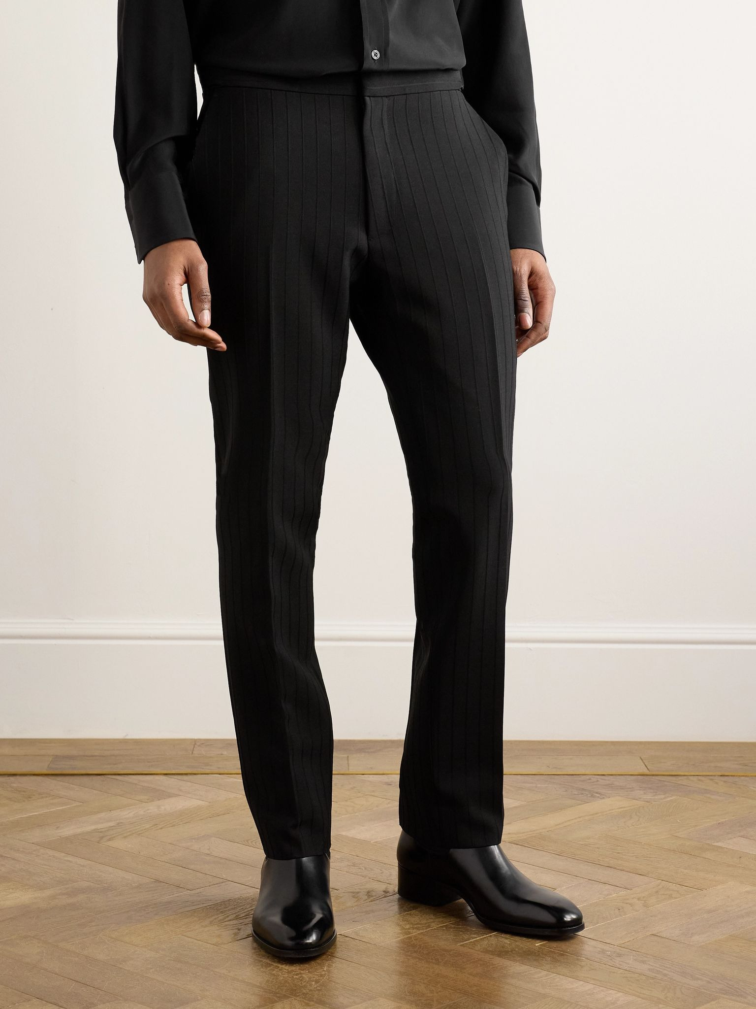 Straight-Leg Striped Mohair and Wool-Blend Trousers Black - 3