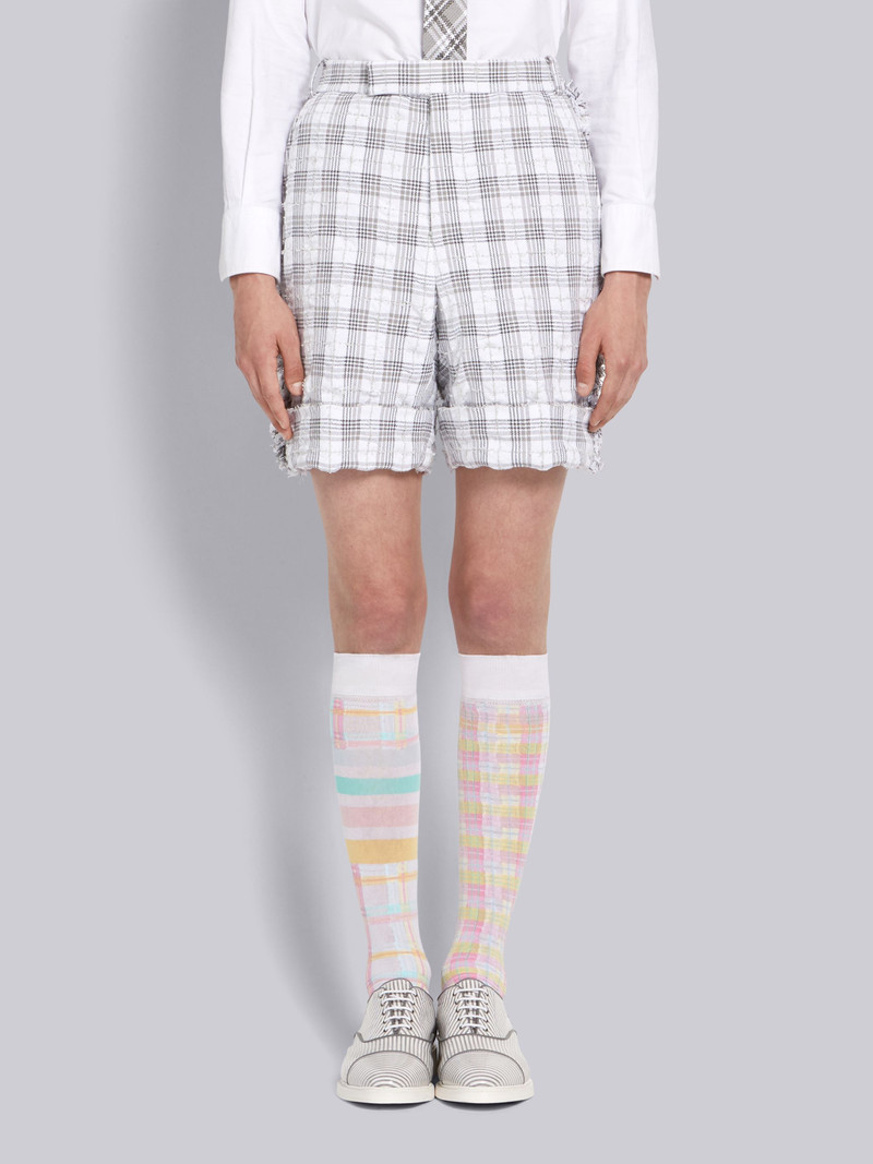 Medium Grey Seersucker Tweed Double Tattersall Shorts 1