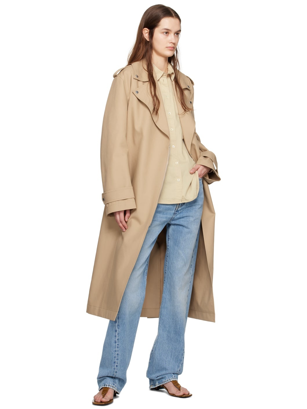 Beige Notched Lapel Trench Coat - 4