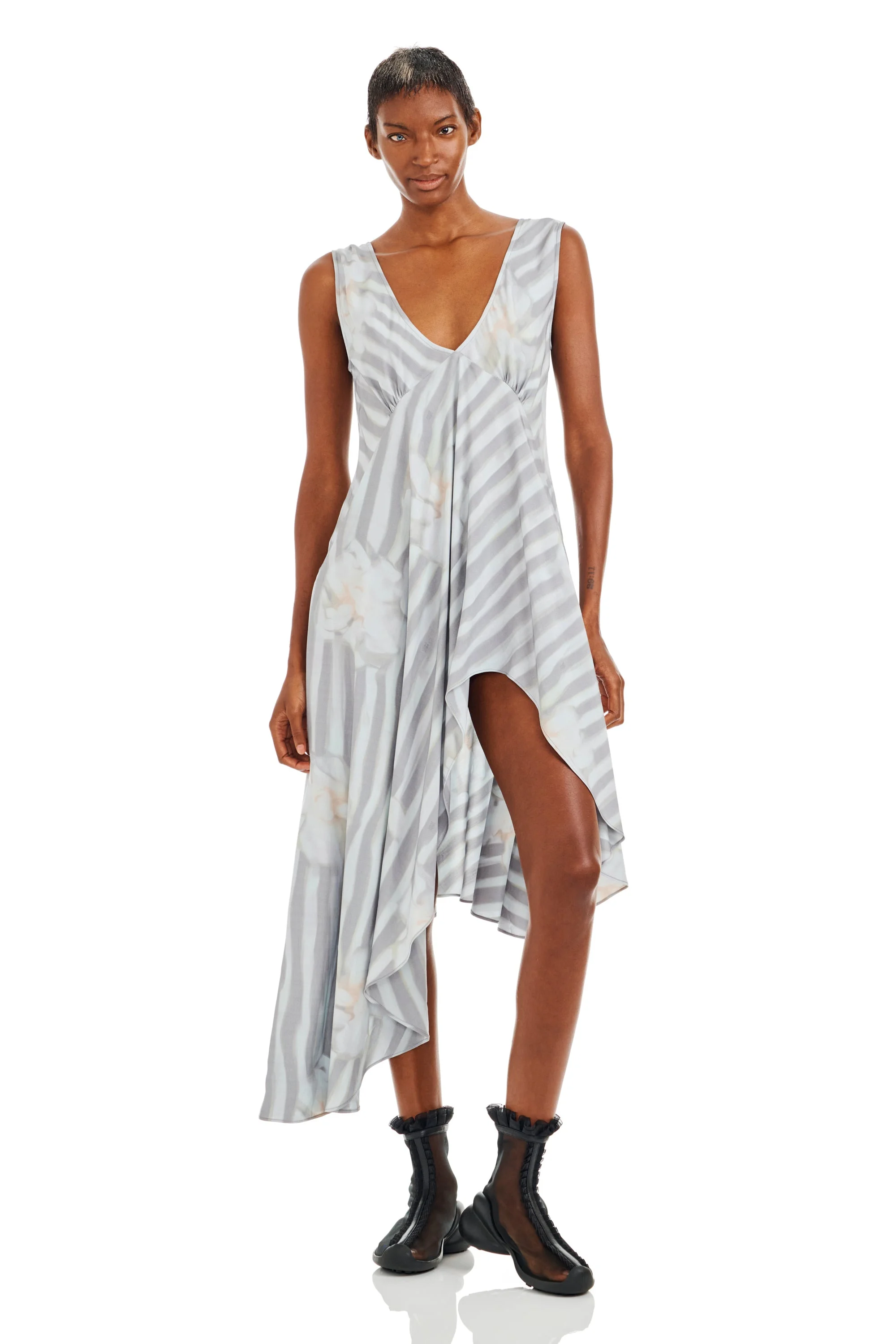 WASHED WAVY NAVY FLOWER STRIPE TULIP DRESS - 1