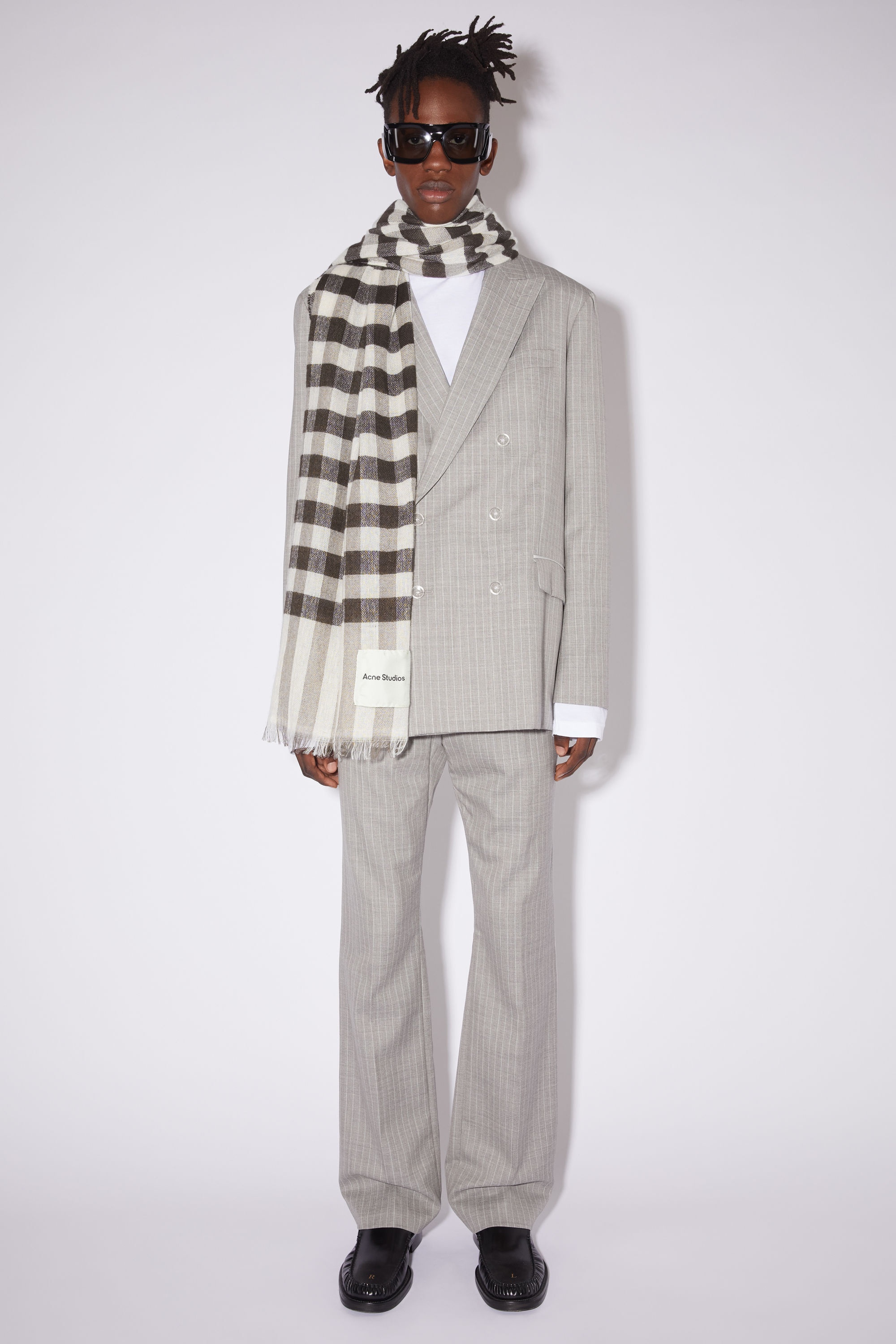 Check cashmere linen scarf - Chocolate brown/off white - 3