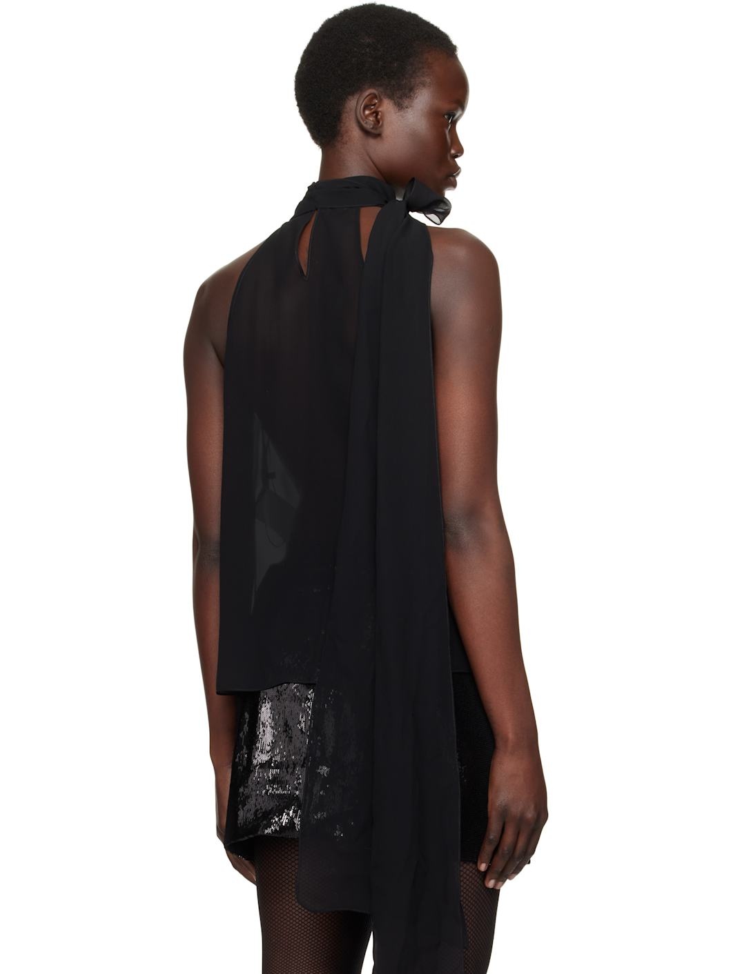 Black Silk Georgette Sleeveless Lavalliere Blouse - 3