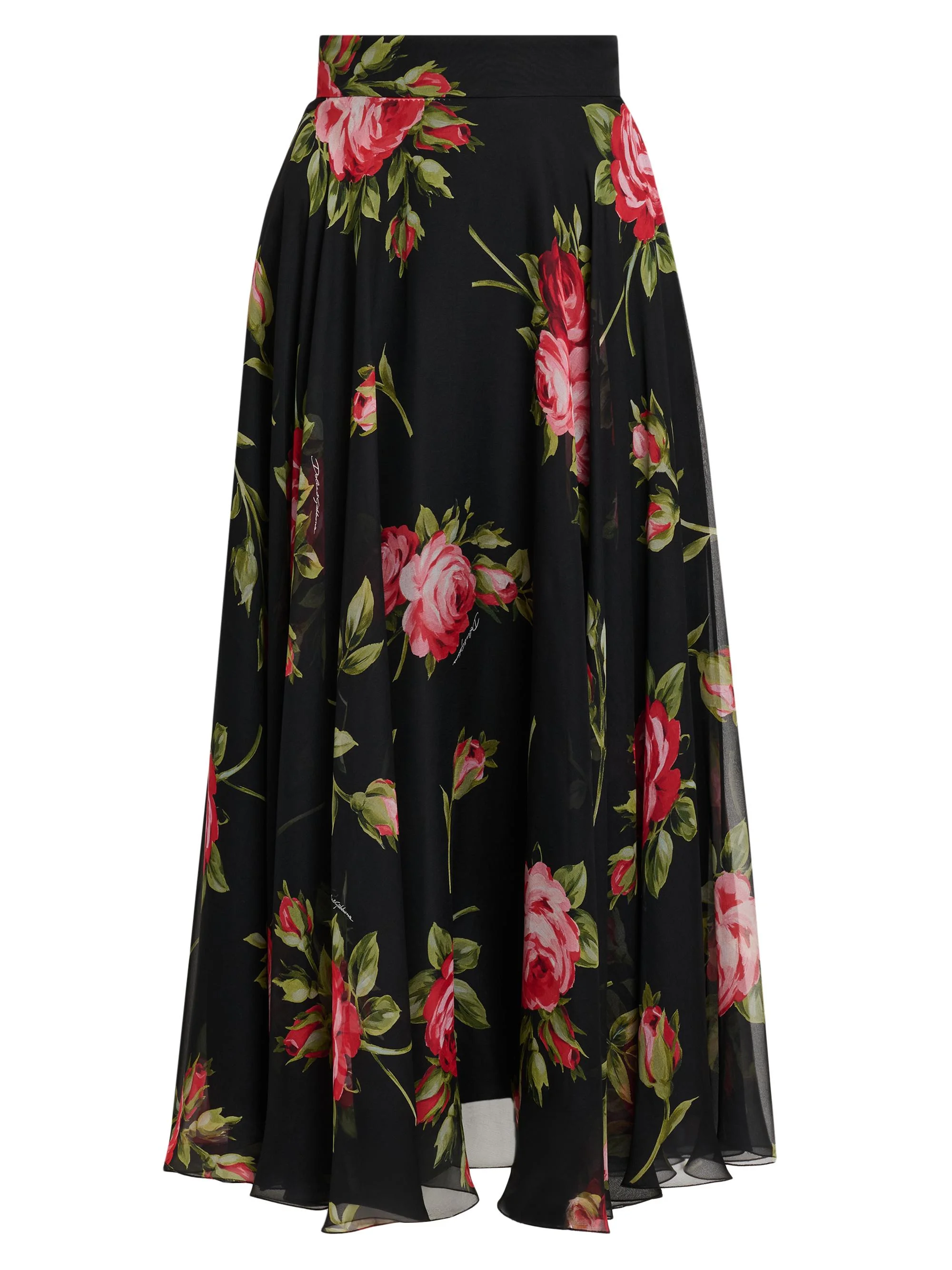 Women's Floral Silk Midi-Skirt - Bouquet Rose F Nero - 1