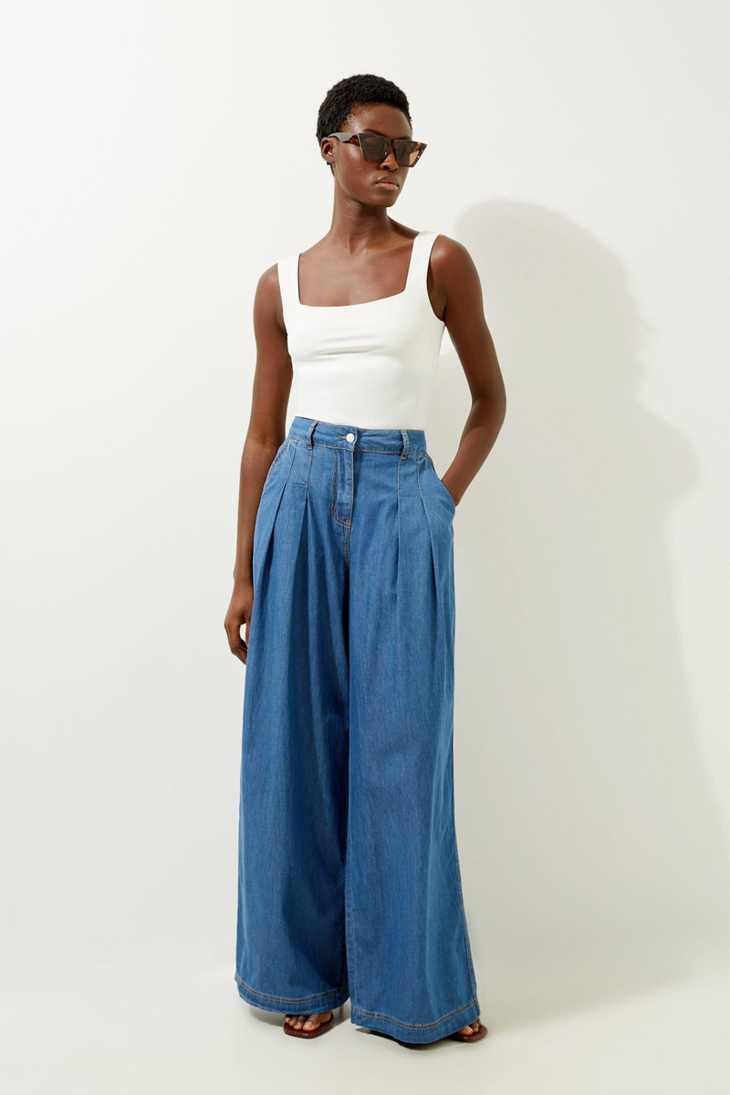 Tailored Chambray Denim Wide Leg Pleated Trousers 1