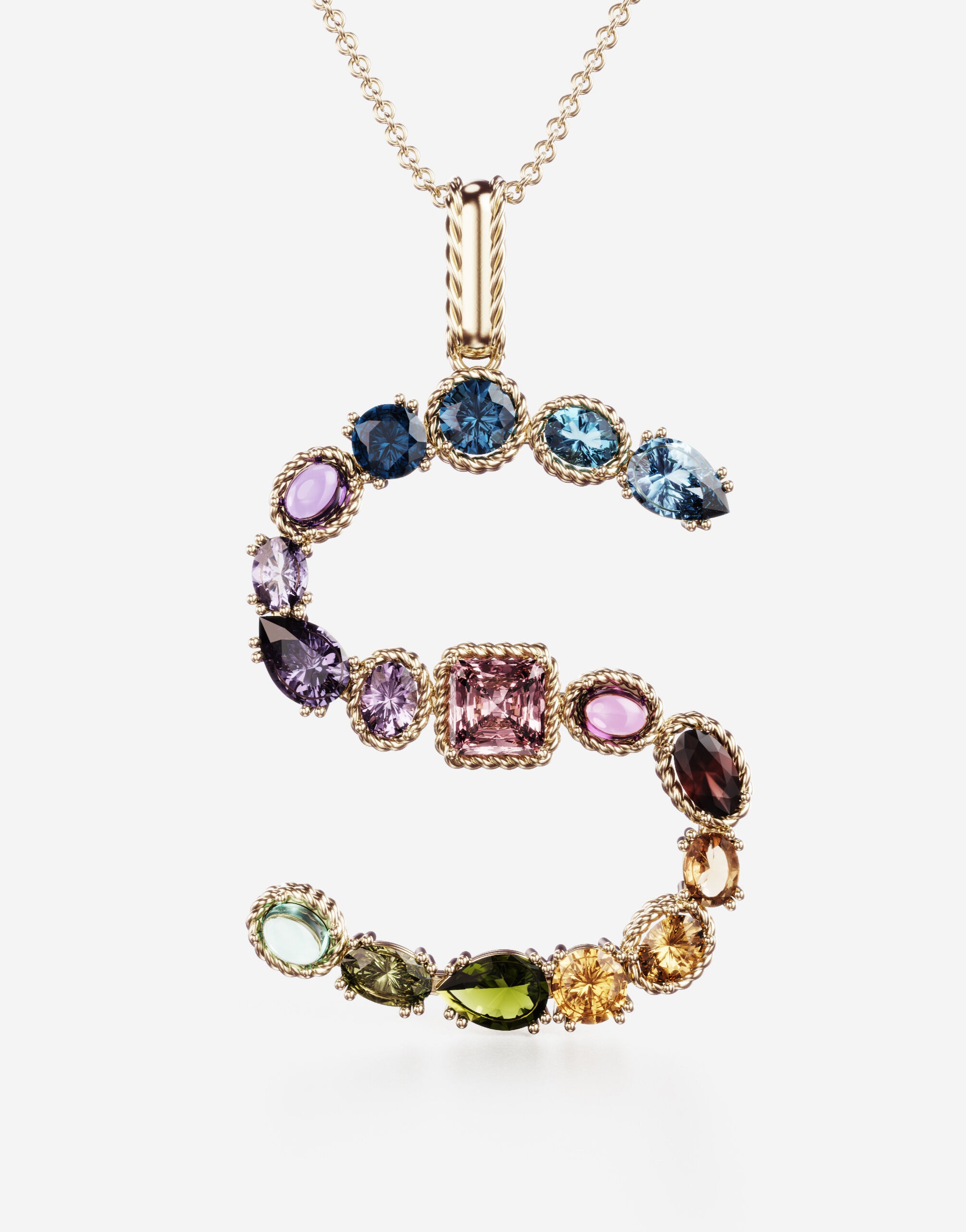 Rainbow alphabet S pendant in yellow gold with multicolor fine gems - 2
