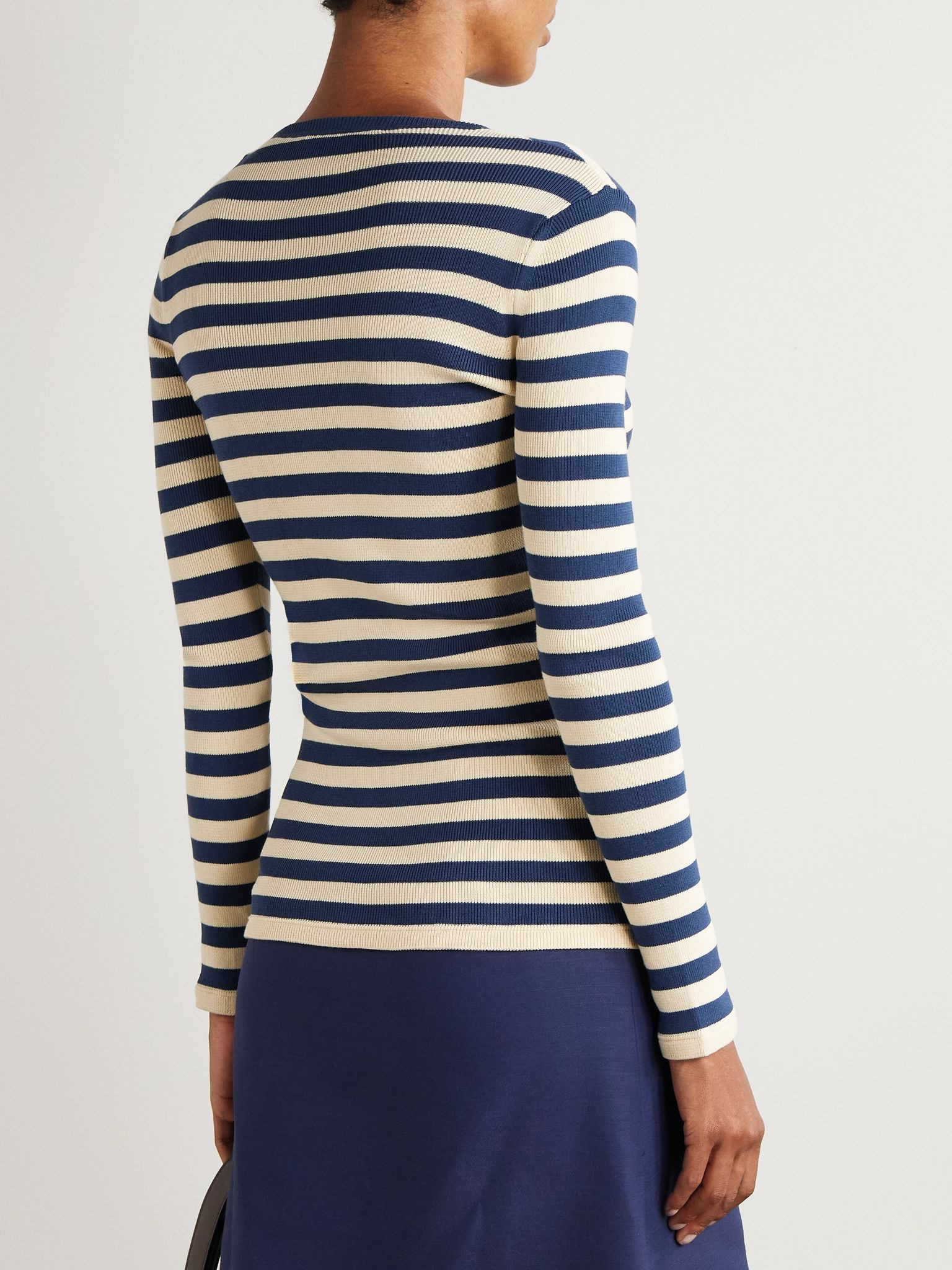 Embroidered striped cotton sweater Navy - 4