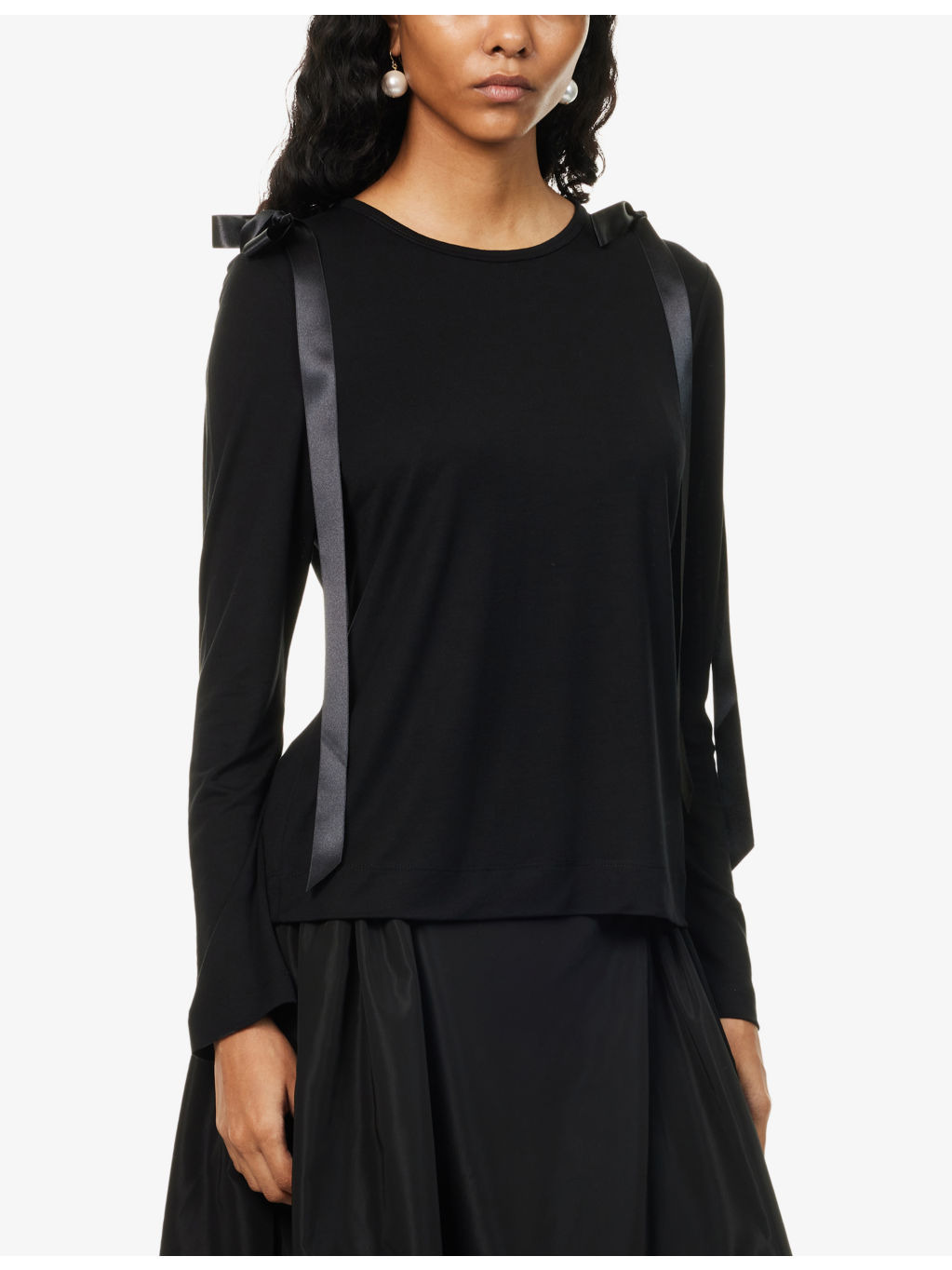 Bow-Ribbon Long-Sleeves Woven T-Shirt - 3