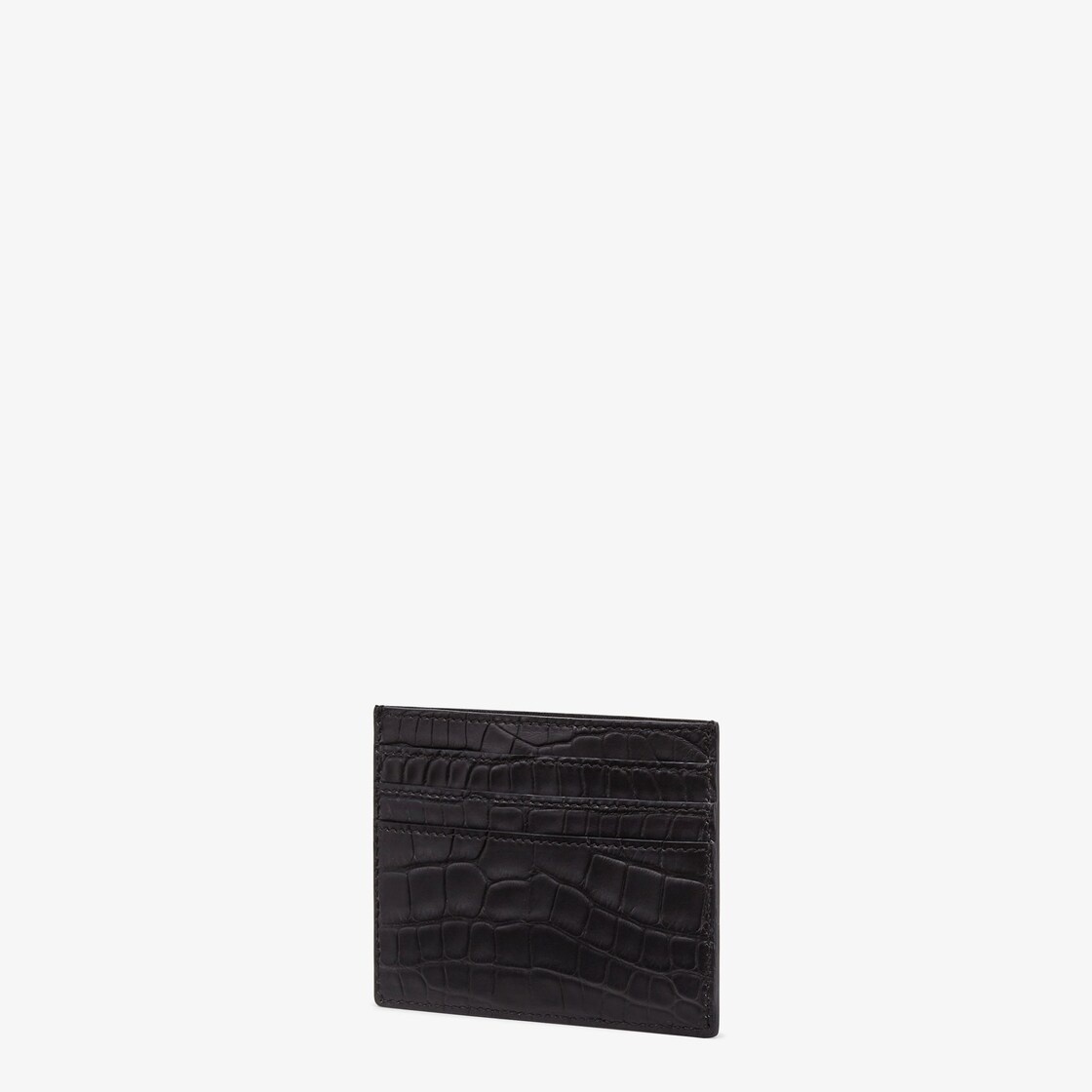 Card holder with six slots and flat central pocket. Made of black satin finish alligator. Metal Stit - 2