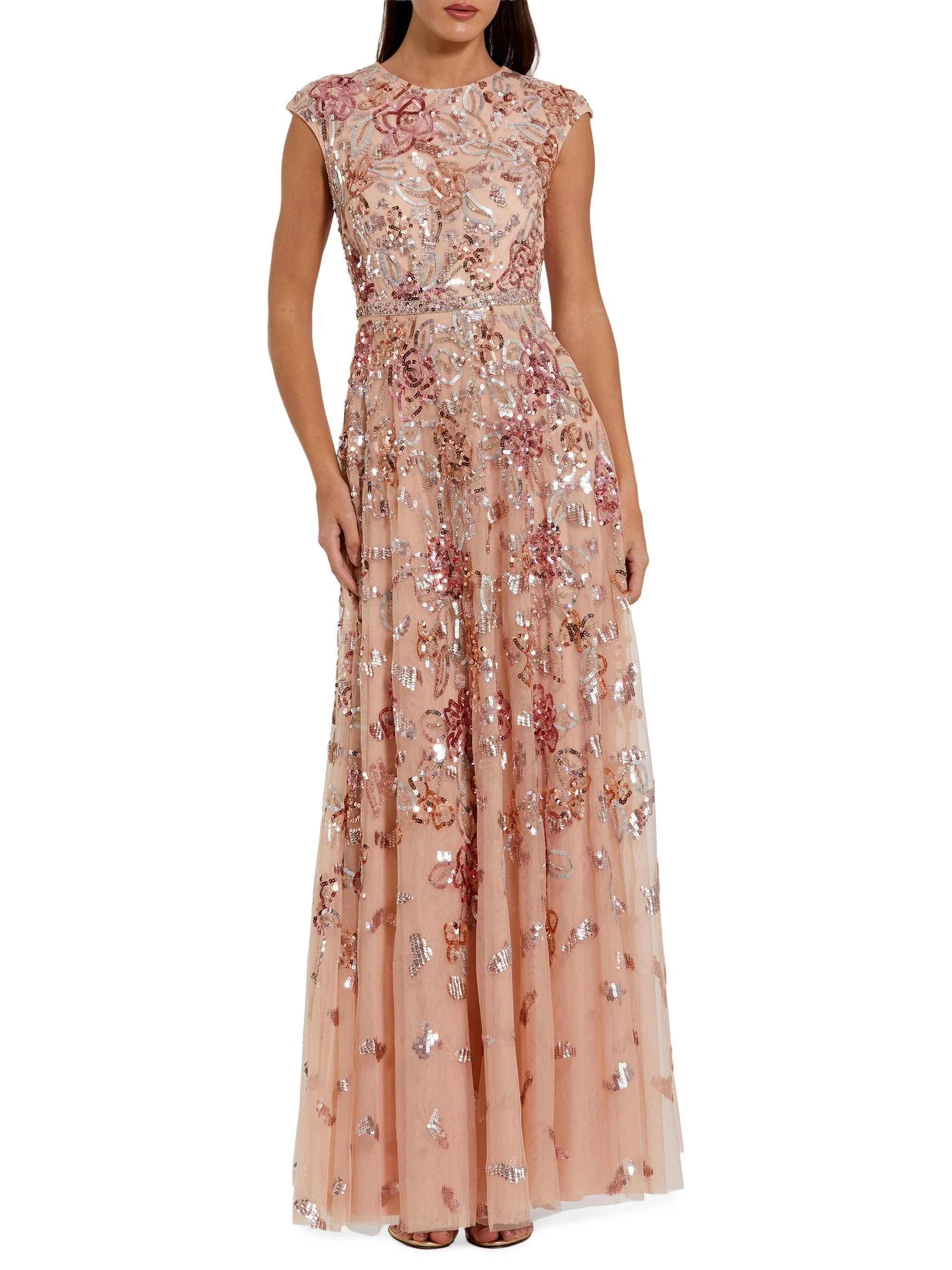 Women's Evening Sequined Cap-Sleeve A-Line Gown - Coral - 1
