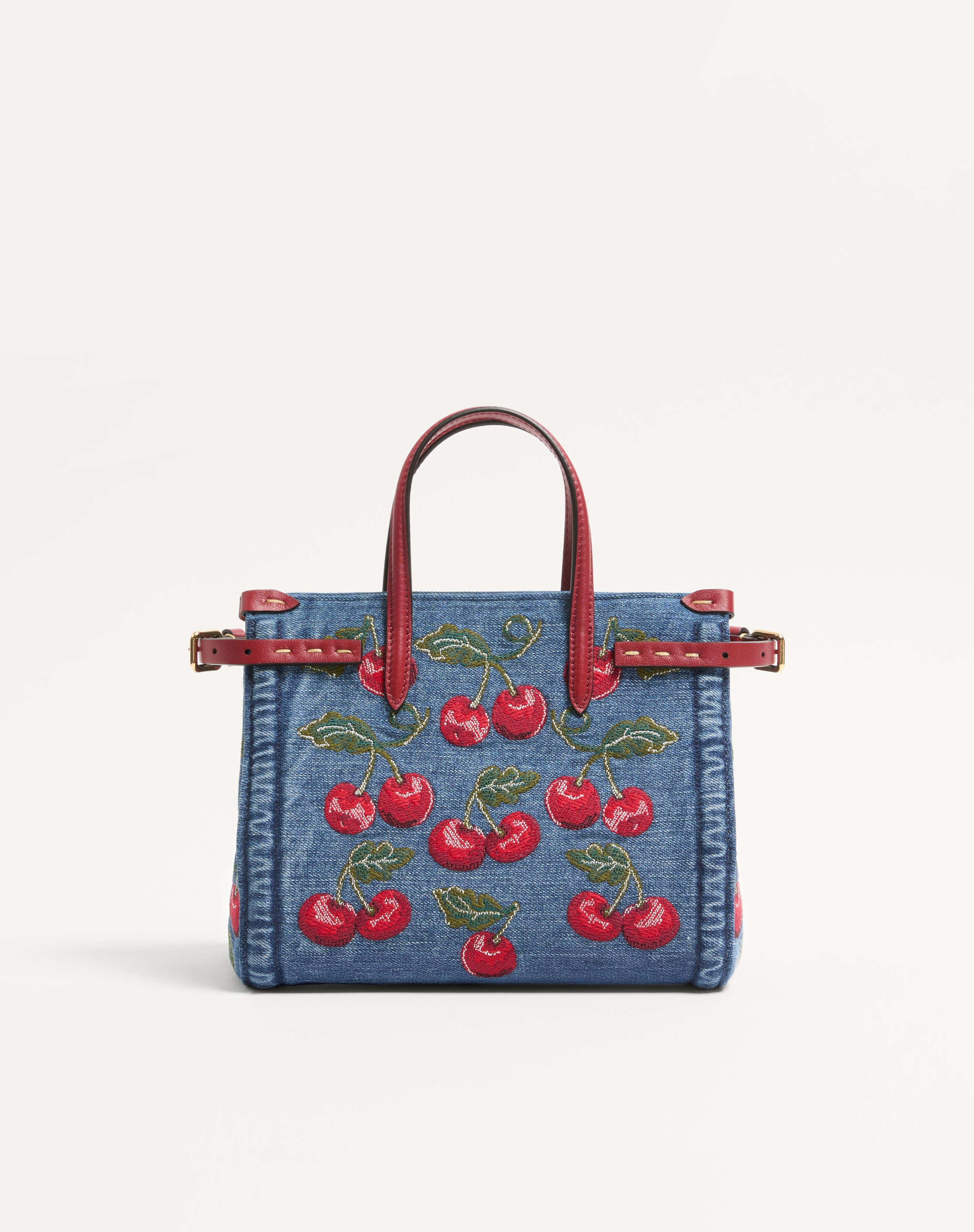 VALENTINO GARAVANI ANTIBES SMALL SHOPPING BAG IN DENIM WITH CHERRYFIC EMBROIDERY - 4