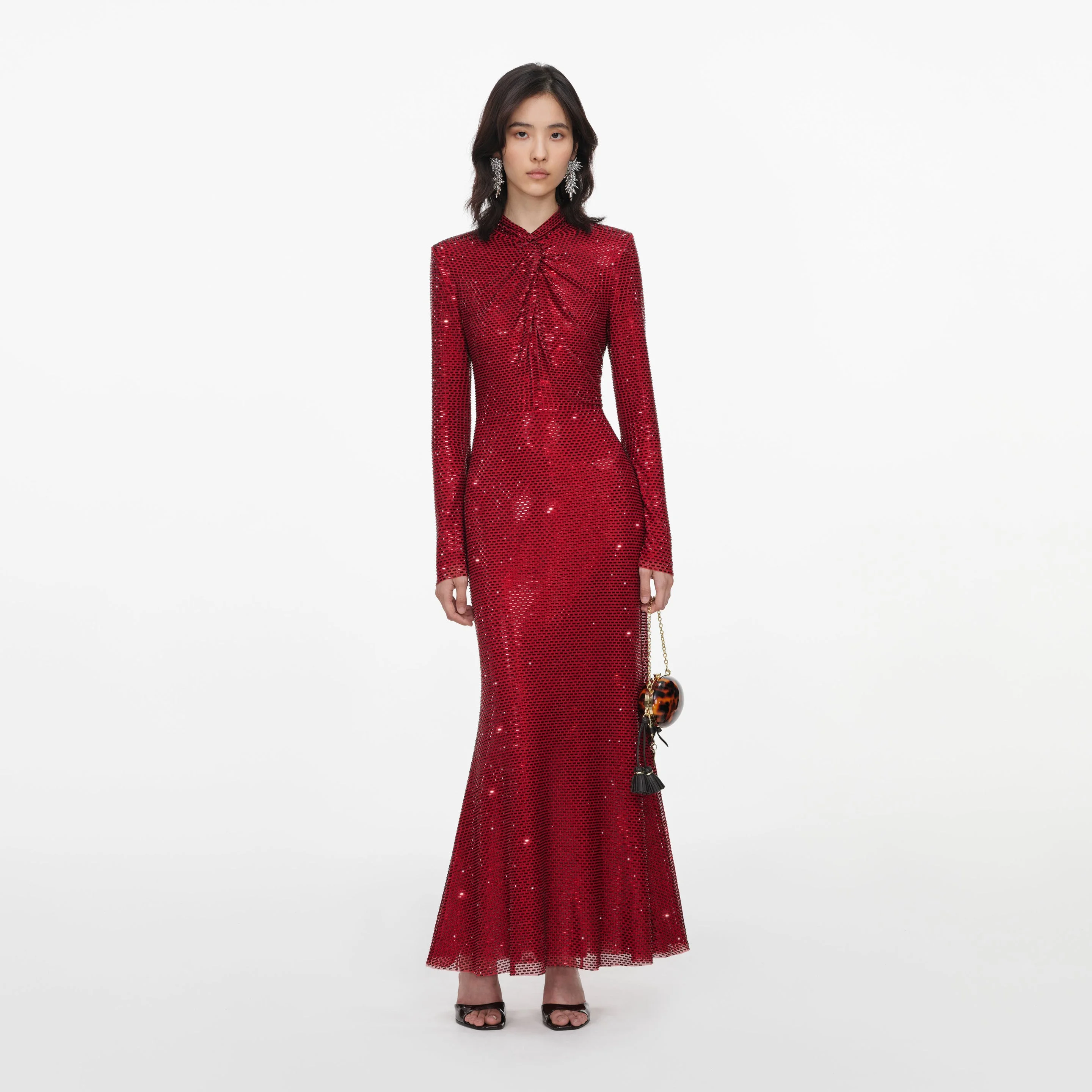 Red Rhinestone Mesh Twist Midi Dress - 1