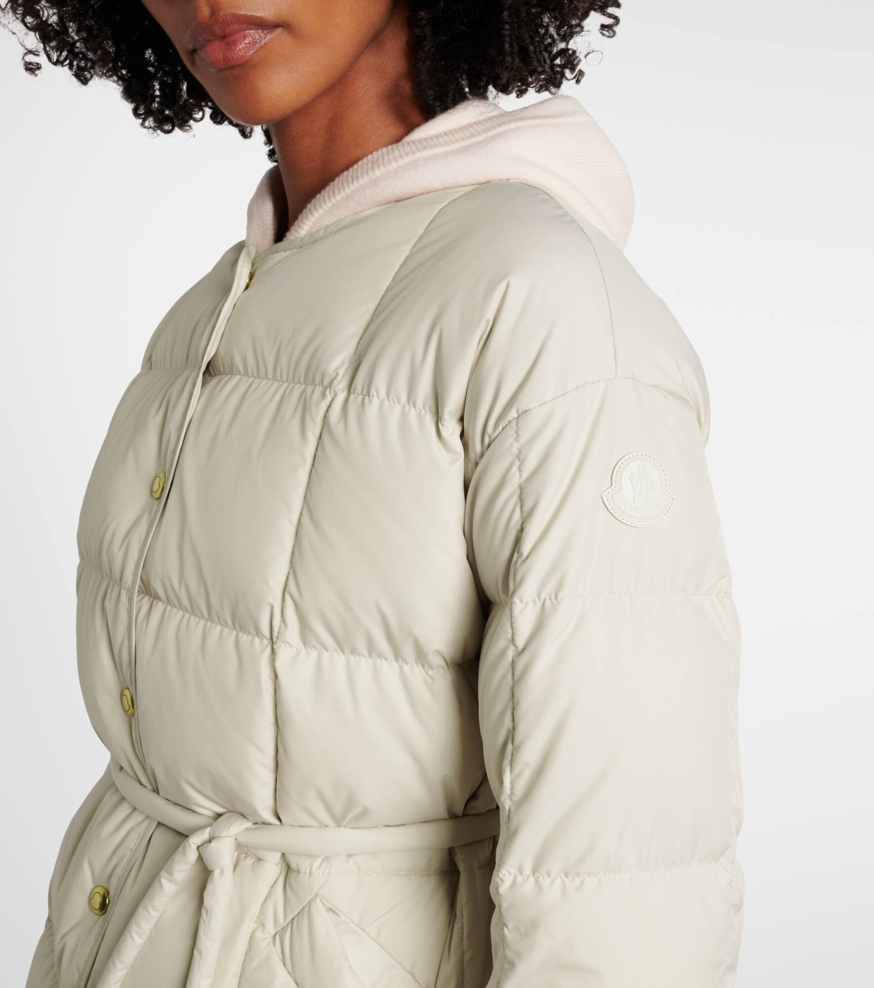 Belted leather-trimmed down jacket - 4