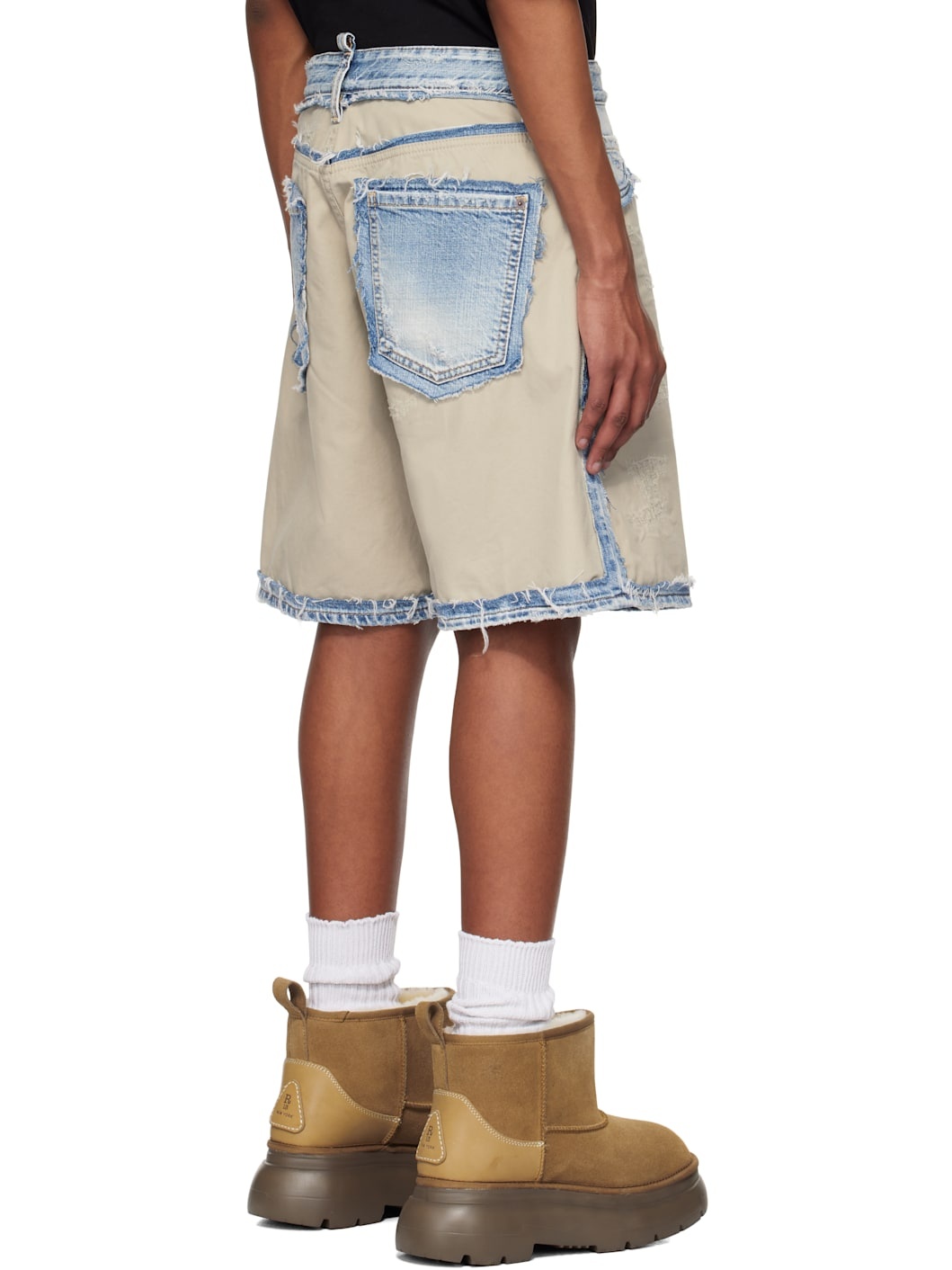 Beige & Blue Super Ripped Mixed Boxer Denim Shorts - 3