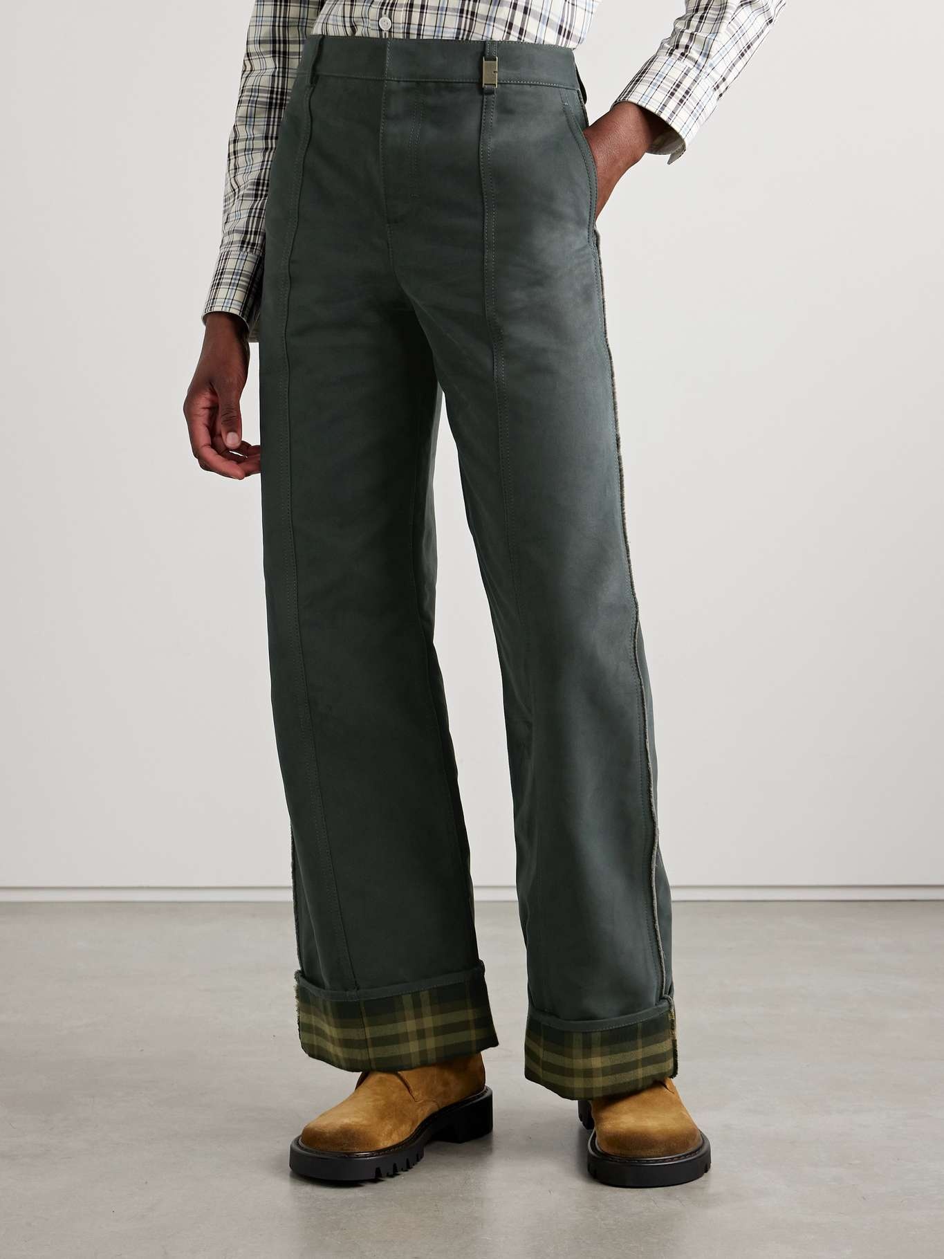 Checked twill-trimmed brushed cotton-blend wide-leg pants - 3