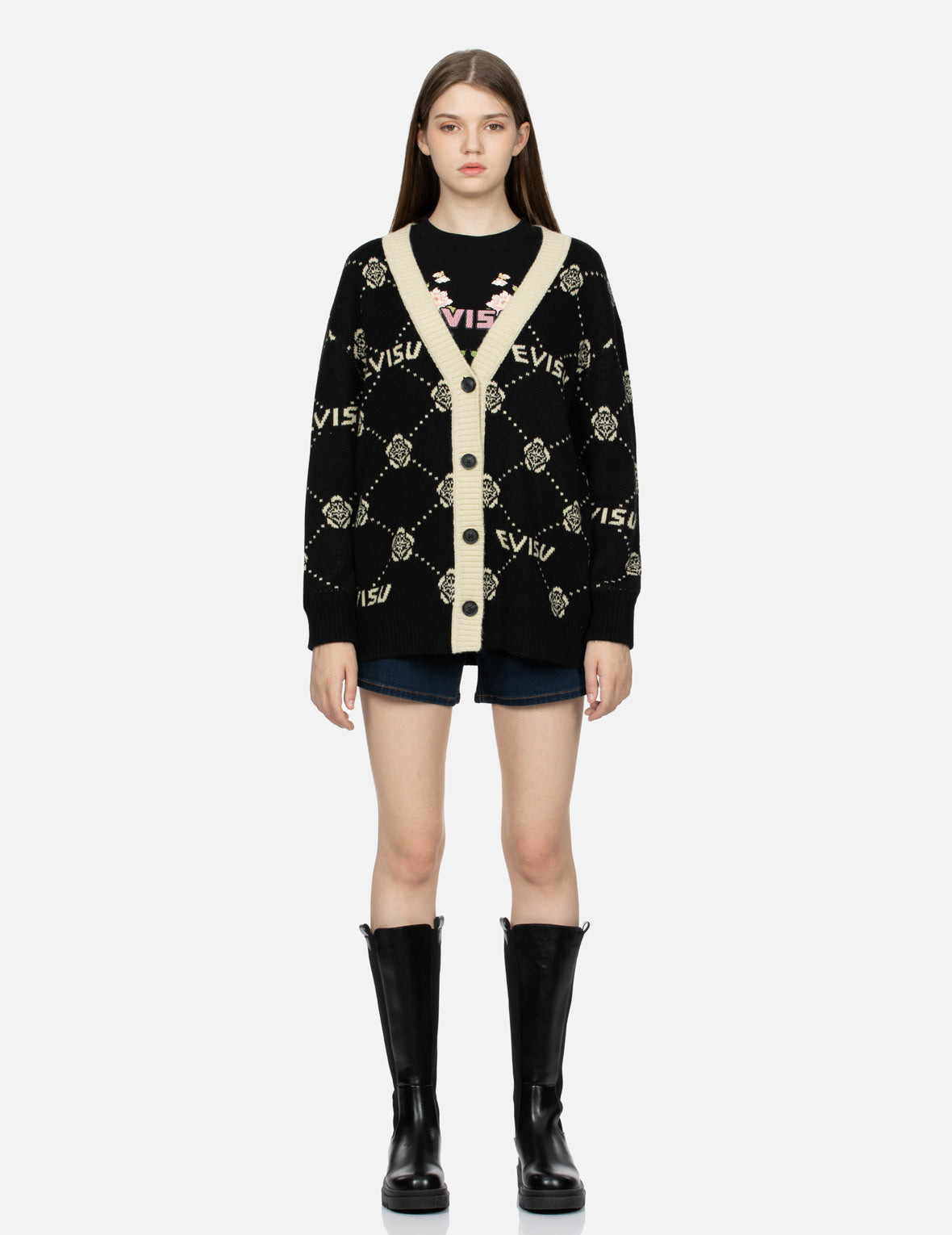 KAMON AND LOGO JACQUARD LOOSE FIT CARDIGAN - 5