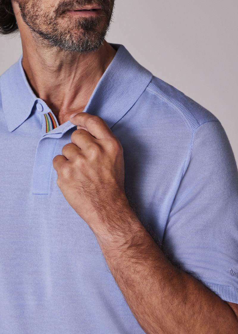 Light Blue Merino Wool Short Sleeve Polo Shirt 5