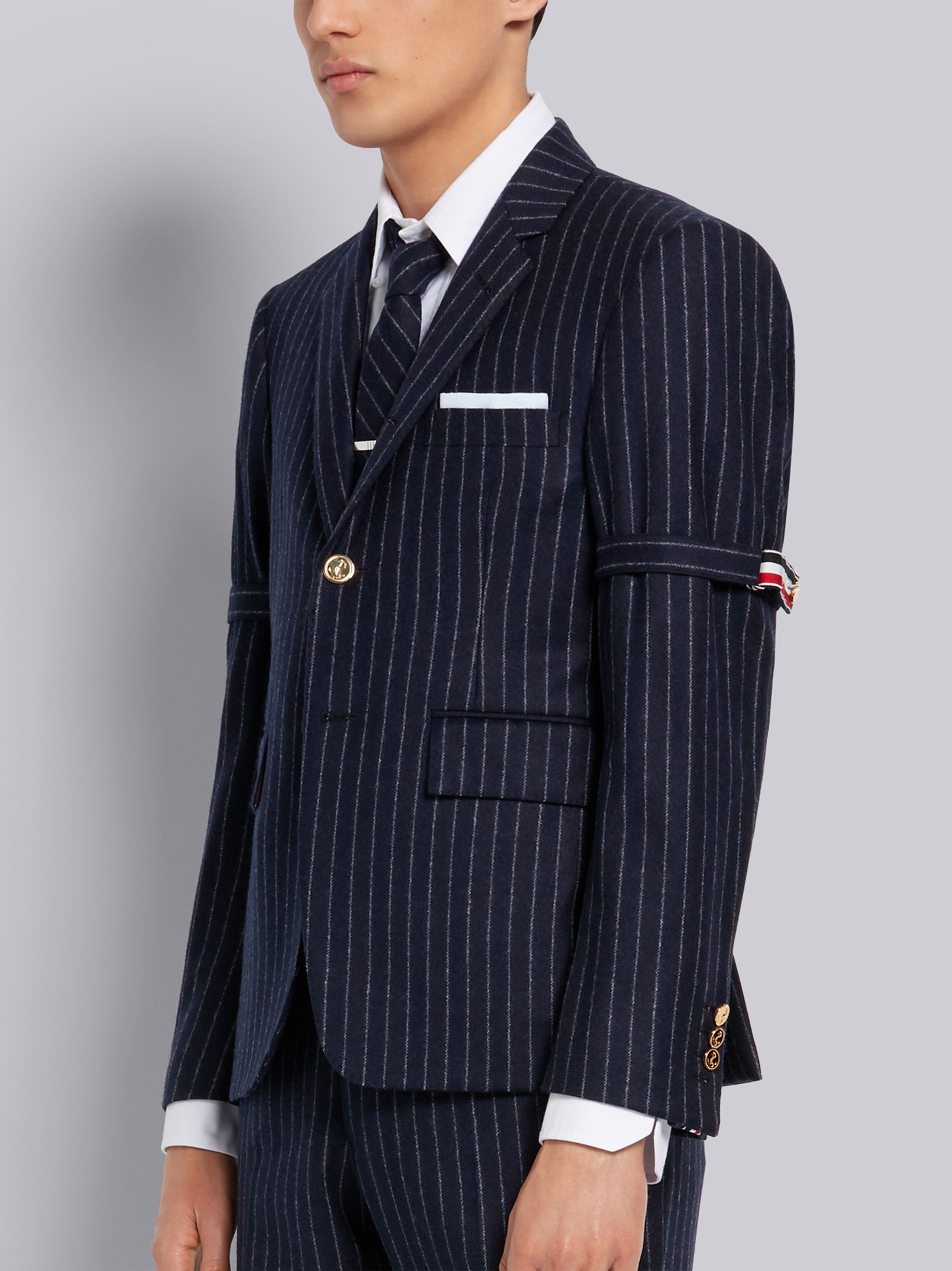 Navy Tonal Chalk Stripe Wool Flannel Armband Classic Jacket - 2