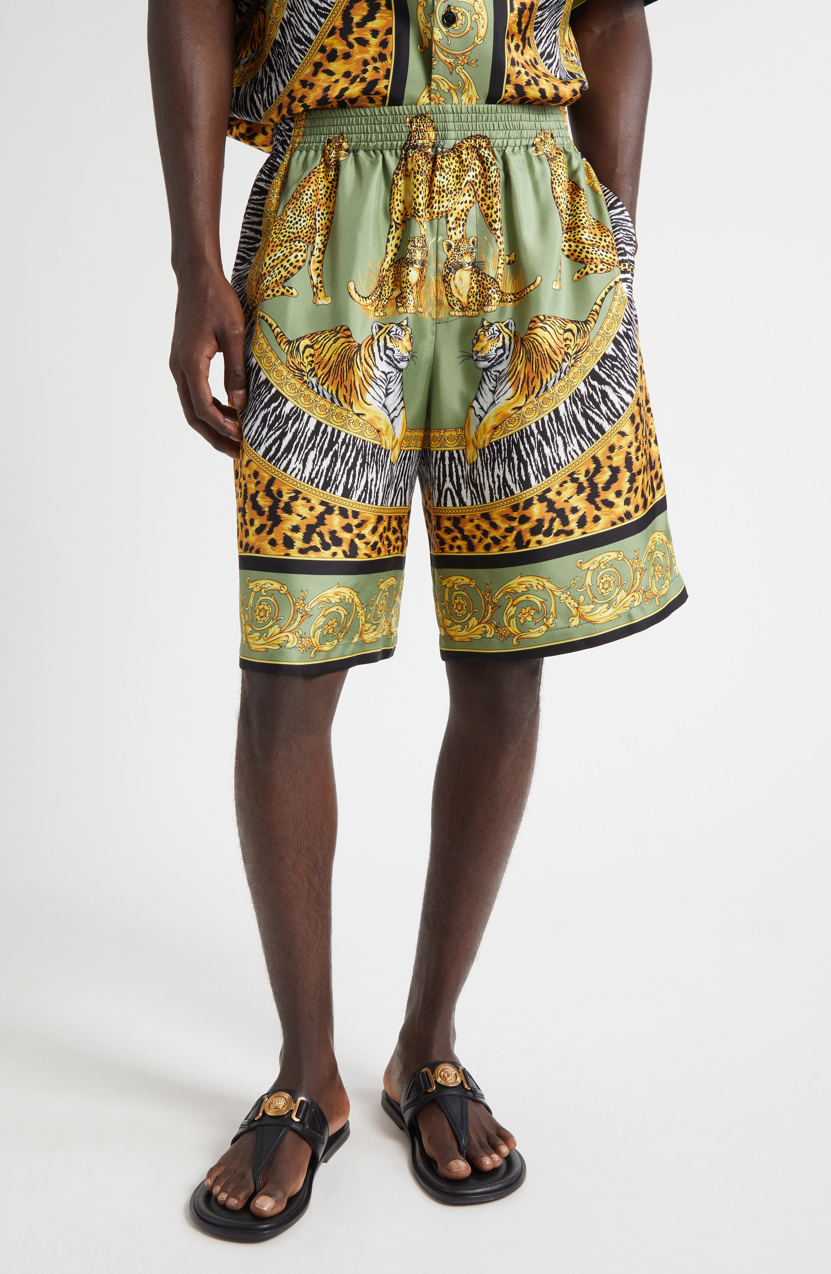 Versace Wild Cats Print Silk Twill Shorts in Green Black at Nordstrom - 1