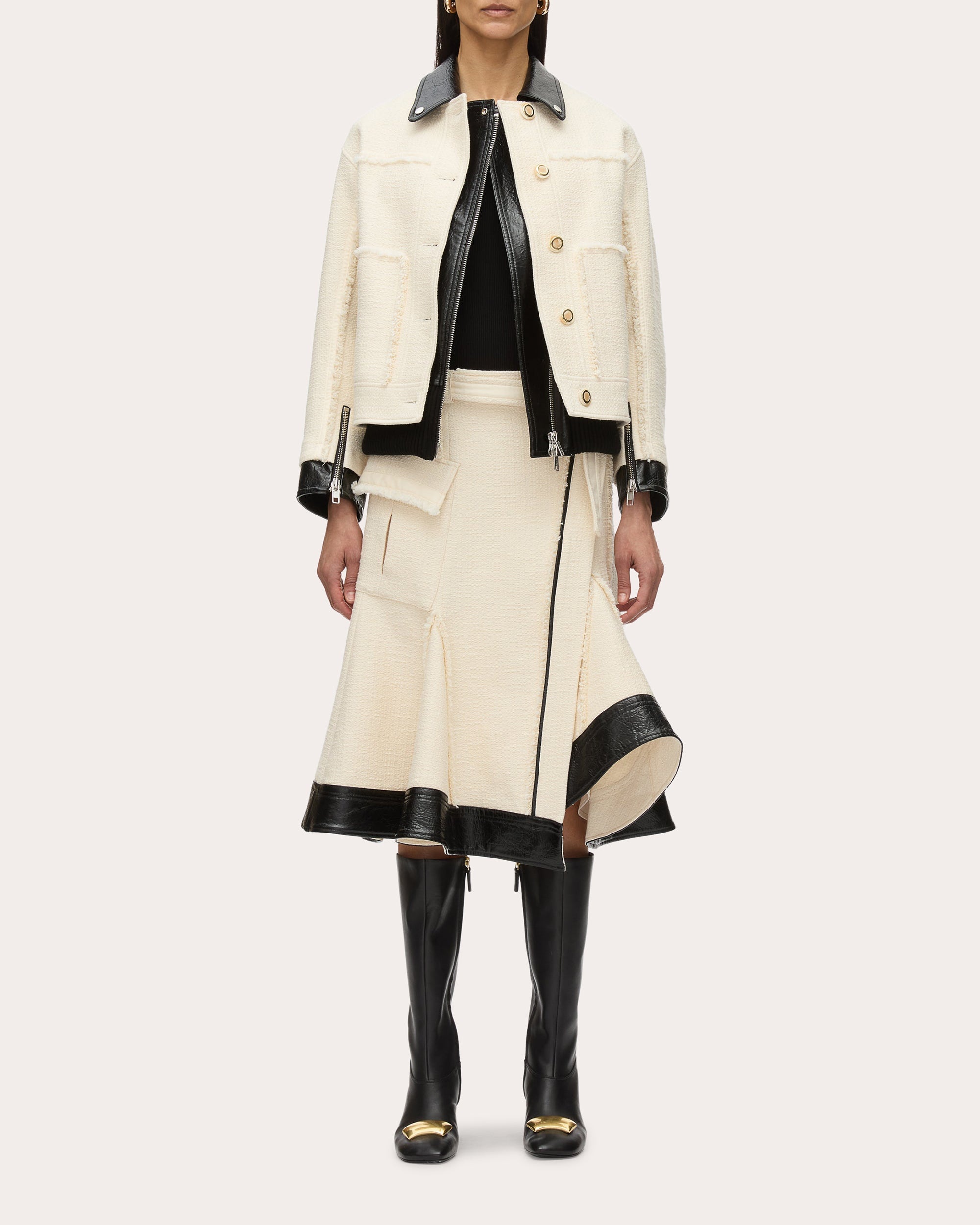 Layered Faux Leather-Trim Tweed Jacket - 4