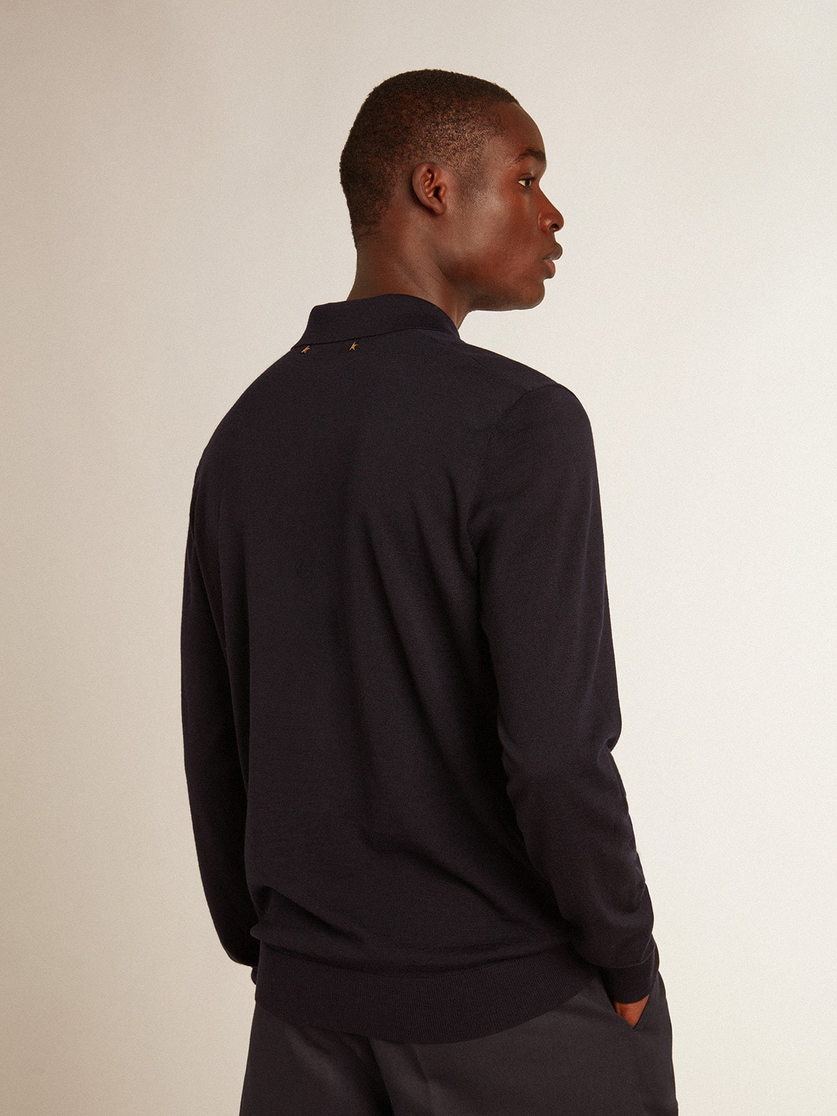 Men’s long-sleeved polo shirt in navy-blue merino wool - 4