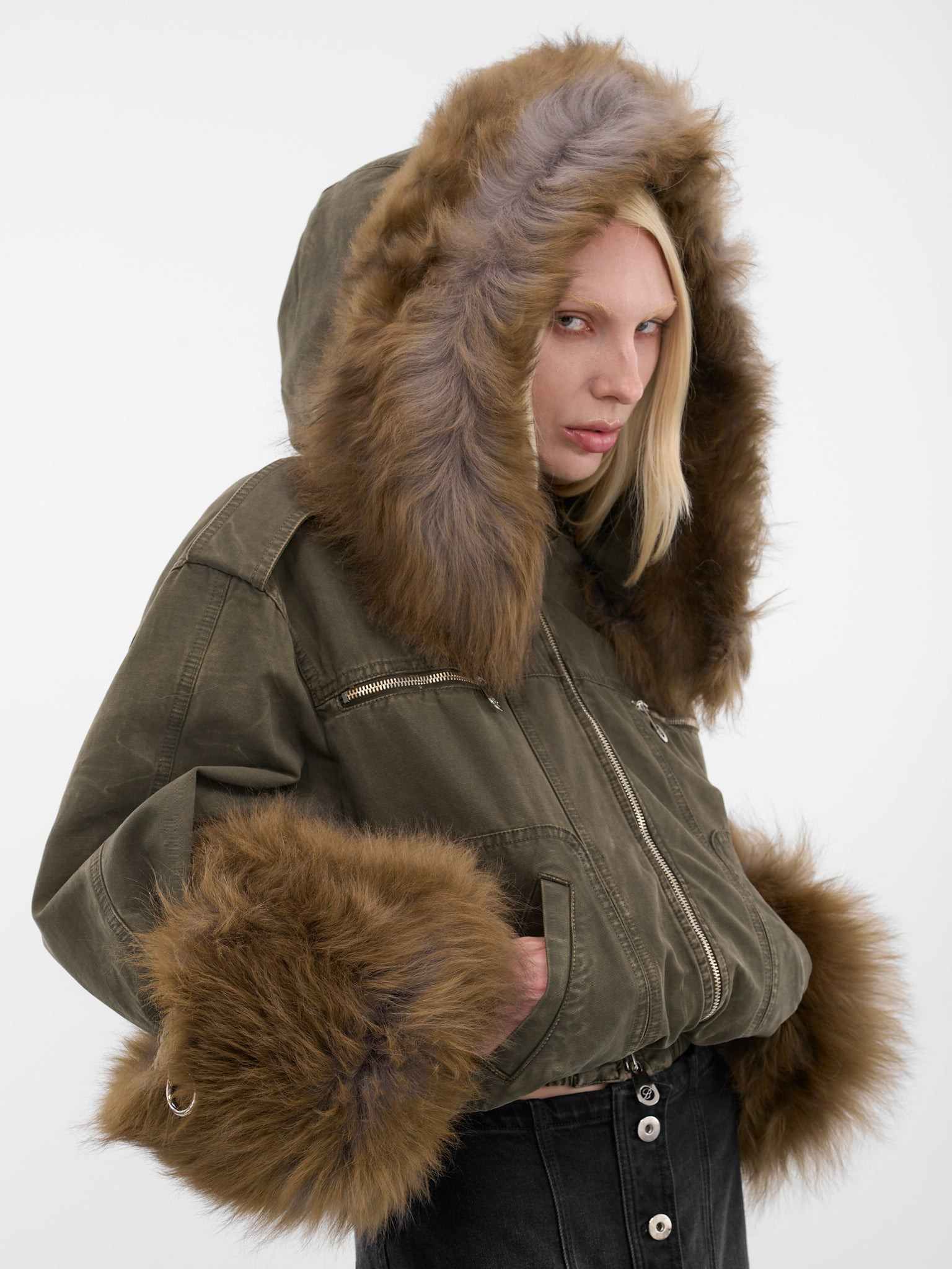 Green Fur Hood Cropped Bomber - 5