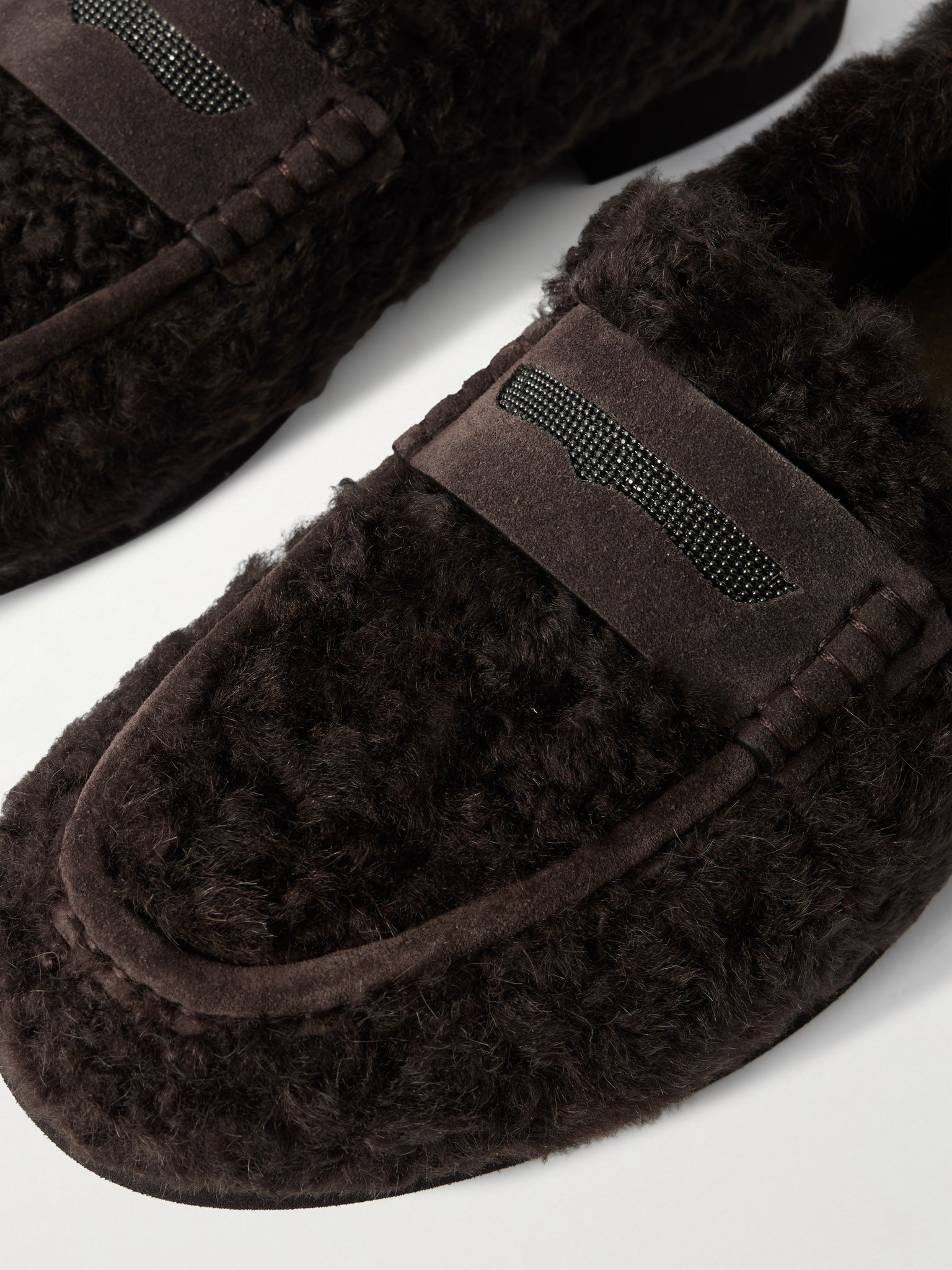 Bead-embellished suede-trimmed shearling loafers Brown - 4