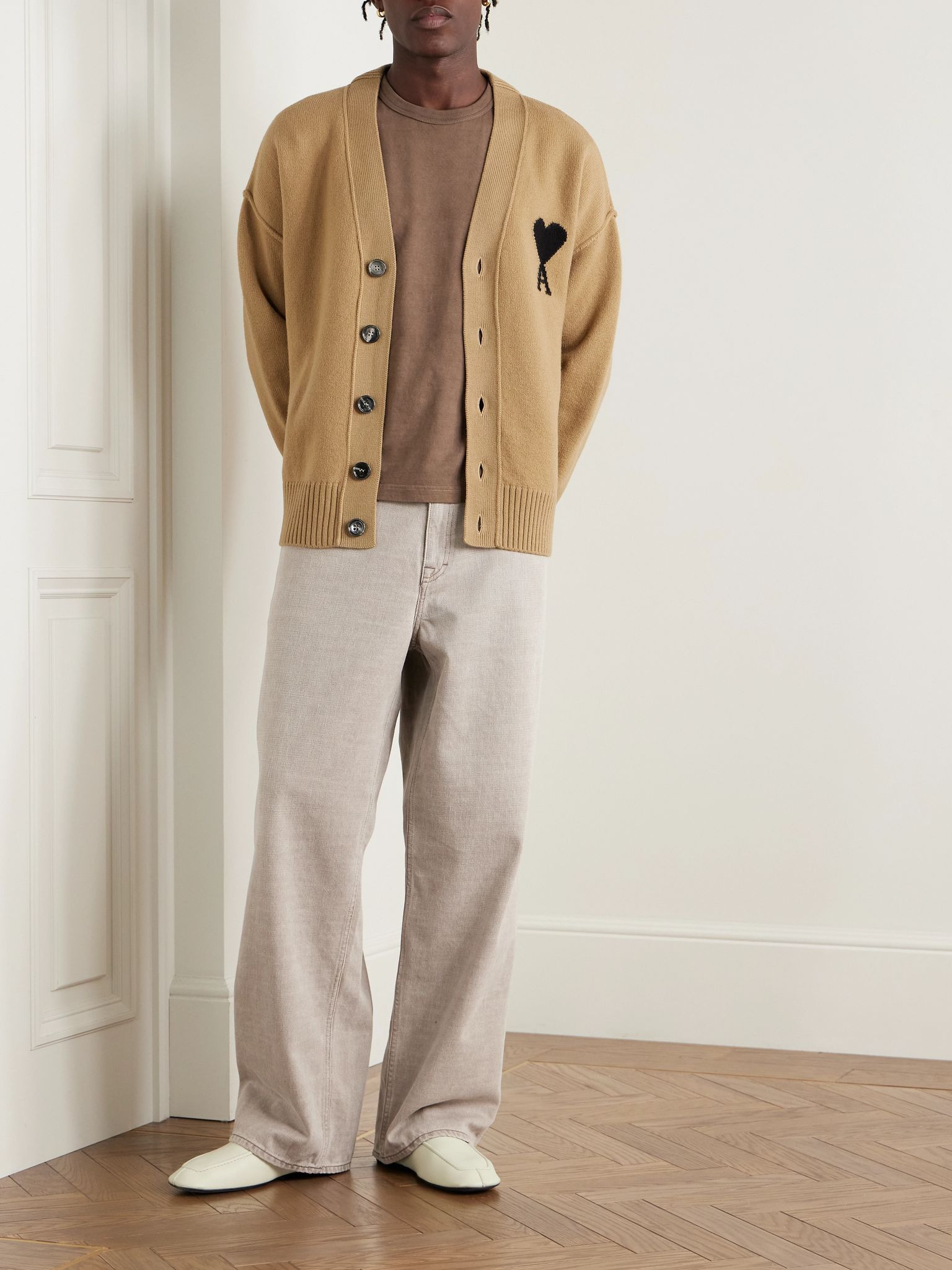 Logo-Intarsia Virgin Wool Cardigan Sand - 2