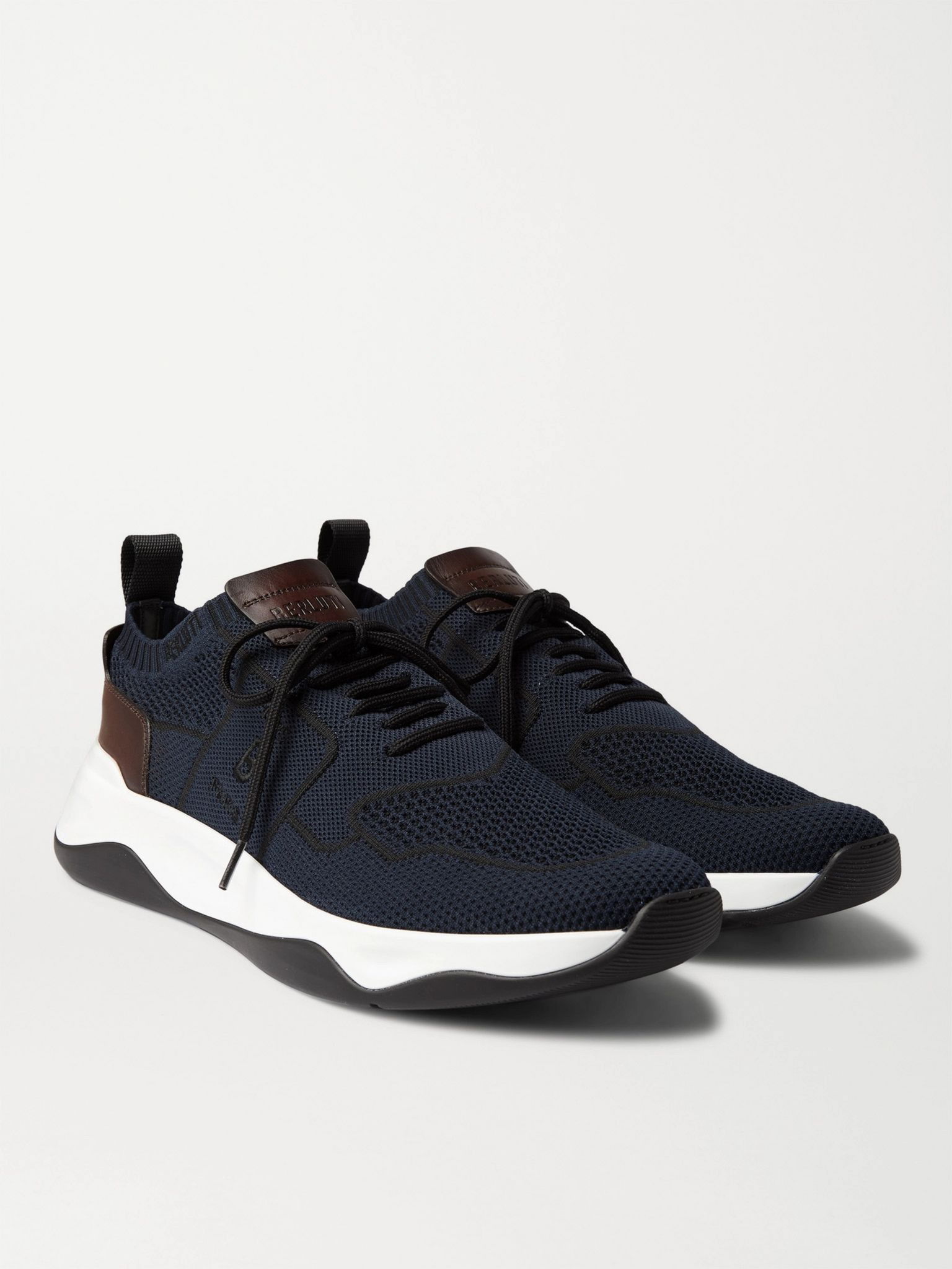 Shadow Venezia Leather-Trimmed Stretch-Knit Sneakers Navy - 3