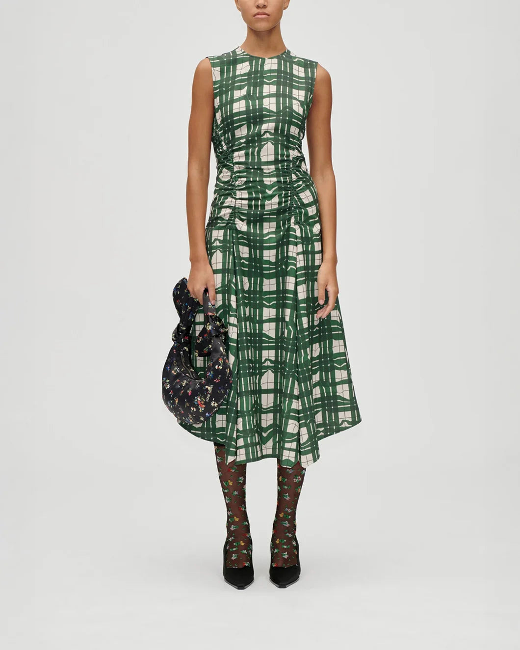 SLEEVELESS GATHERED MIDI DRESS - CHECKERED WAVE - 2