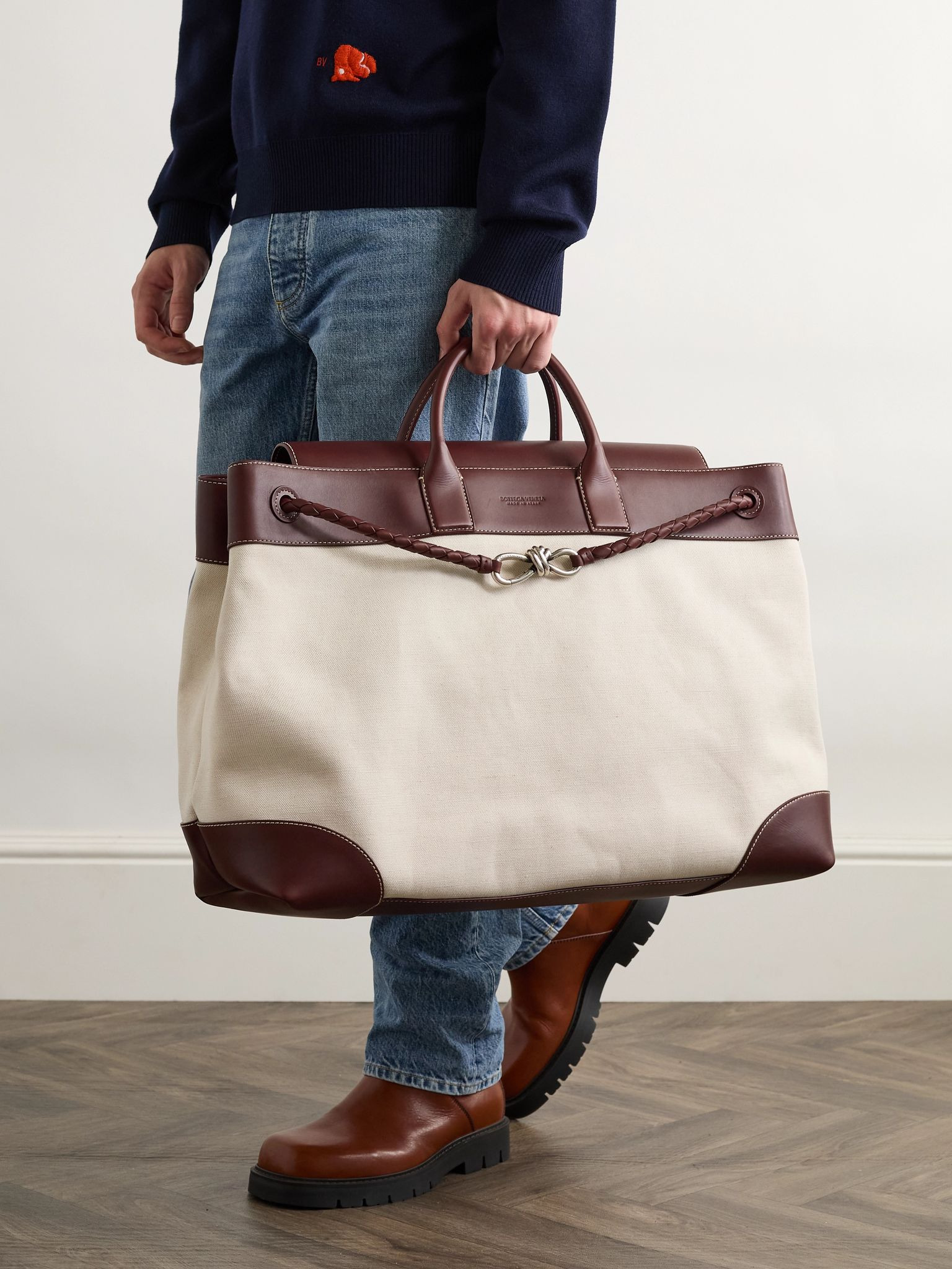 Andiamo Maxi Intrecciato Leather-Trimmed Canvas Tote Bag Neutral - 6