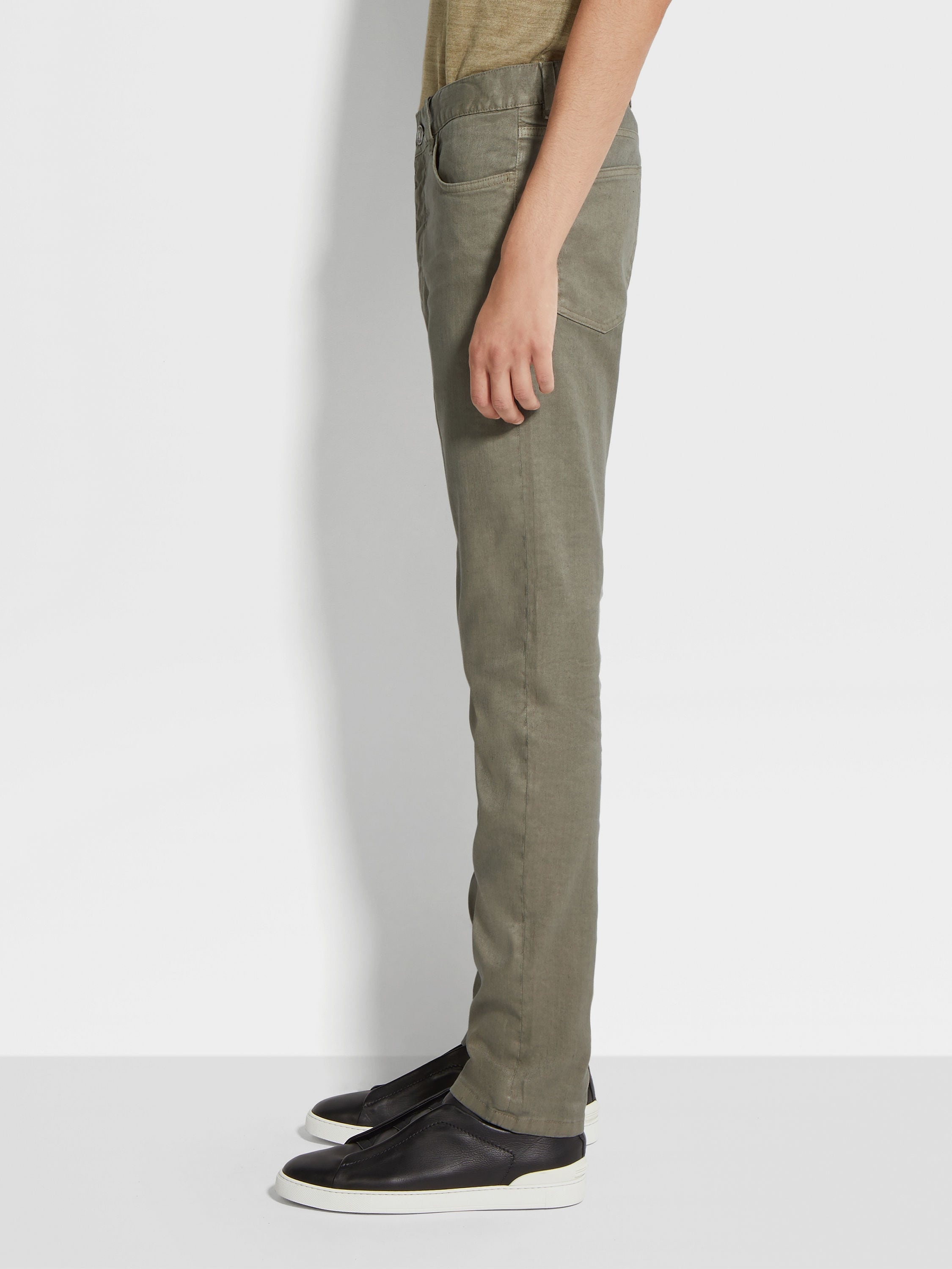 OLIVE GREEN STRETCH LINEN AND COTTON ROCCIA JEANS - 3