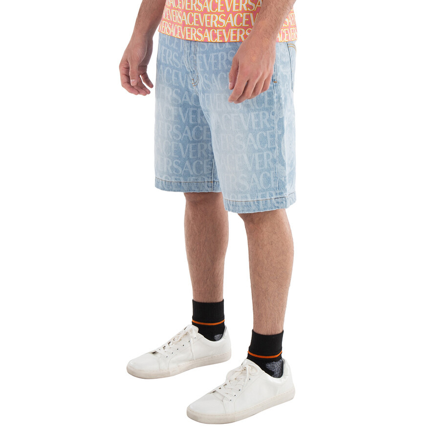 Versace Men's Light Blue Allover Denim Shorts - 3