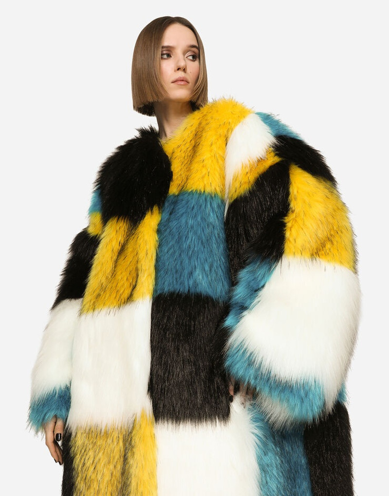 Damier-design long-hair faux fur coat 4