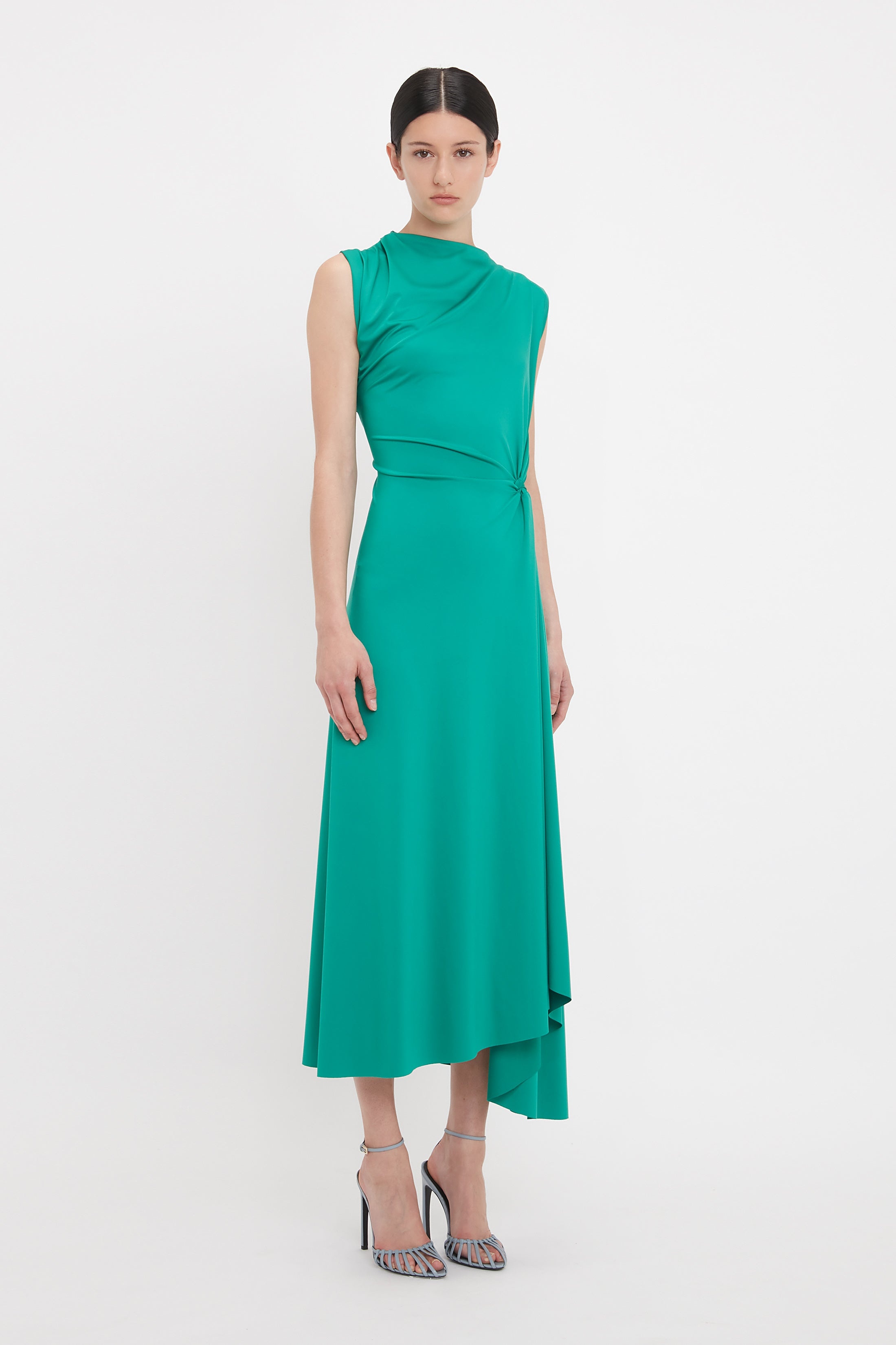 Asymmetric Drape Midi Dress In Peacock - 3