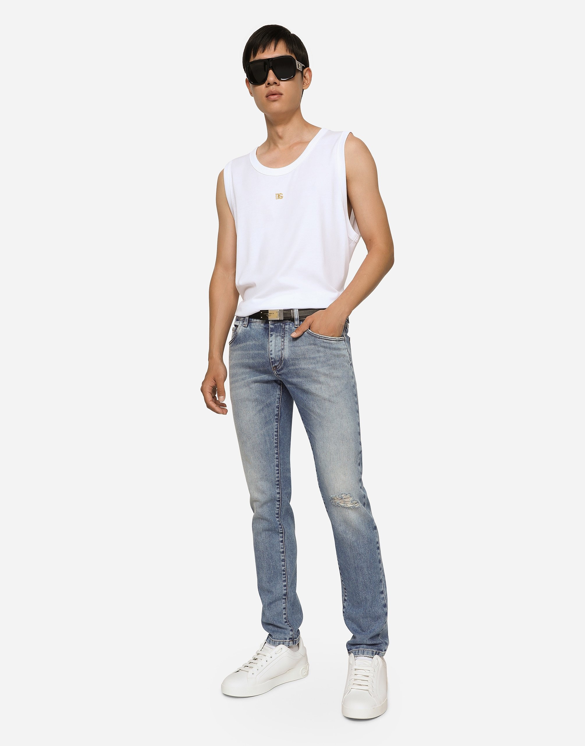 Light blue skinny stretch jeans with rips - 2