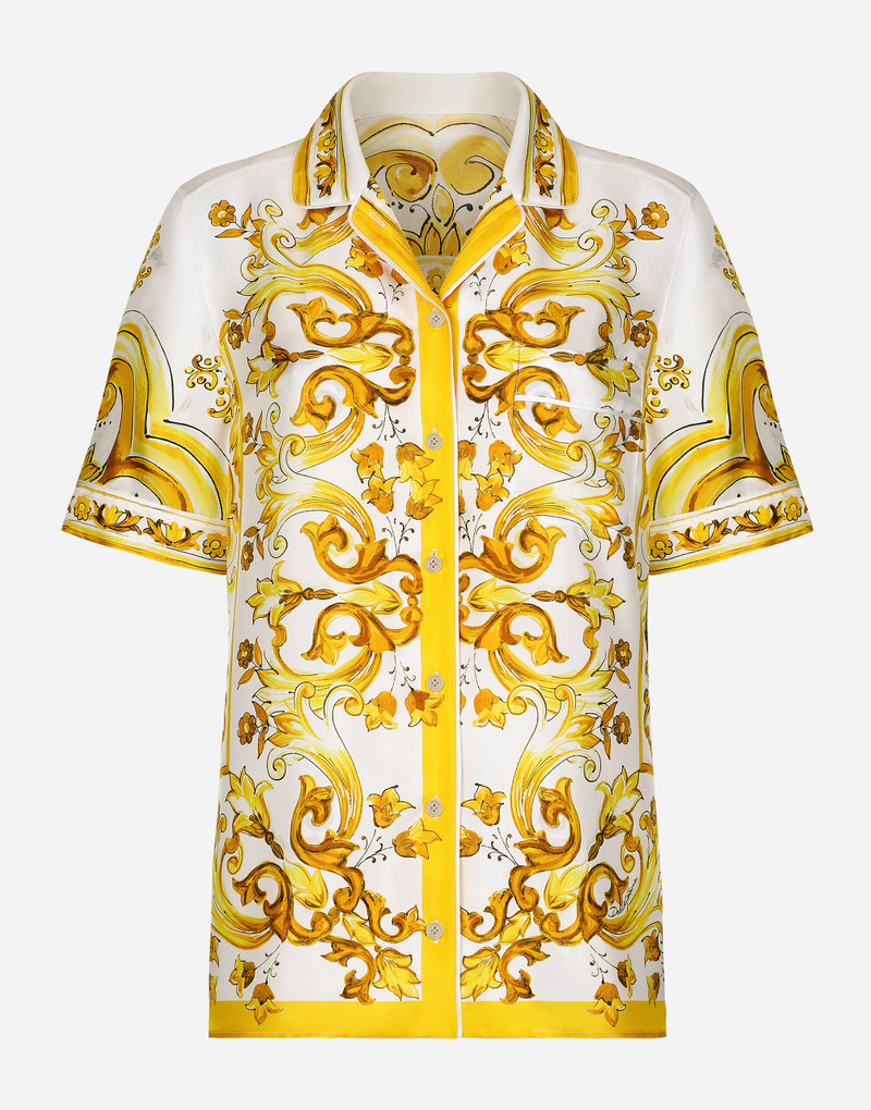Short-sleeved silk twill shirt with majolica print - 1