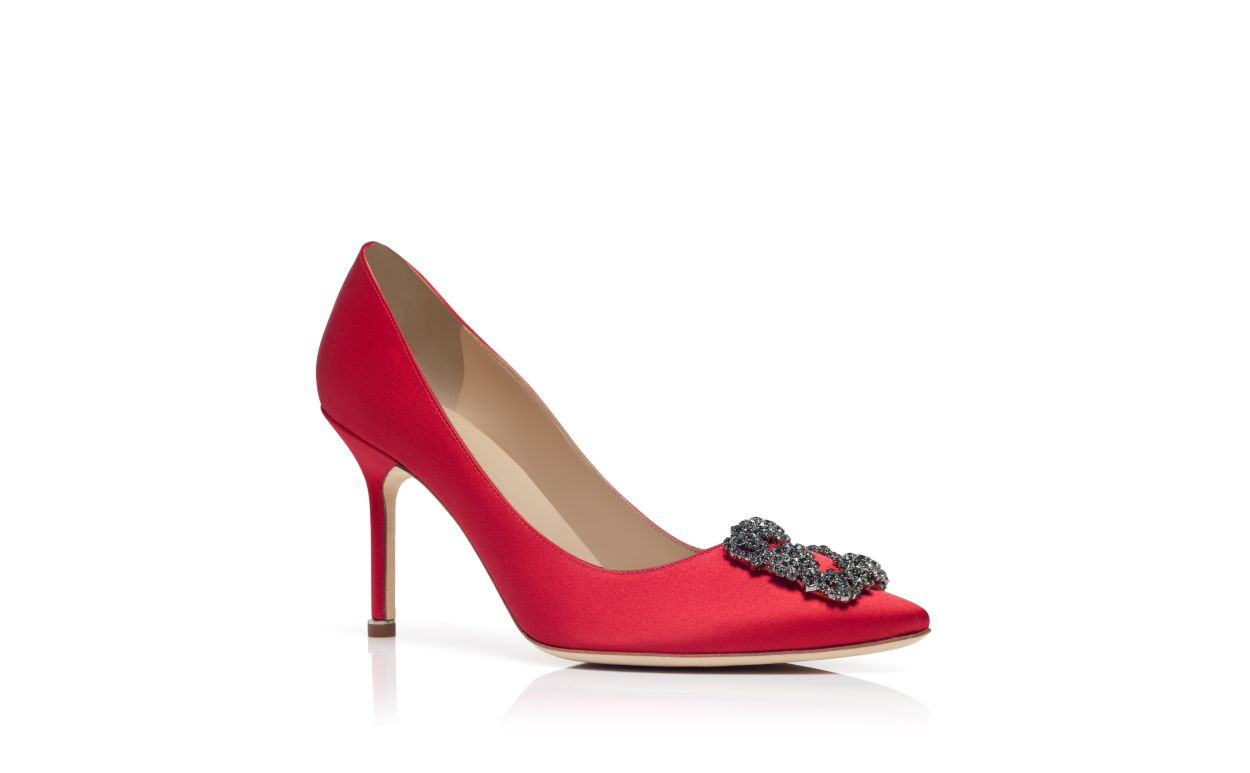 Red Satin Jewel Buckle Pumps - 3