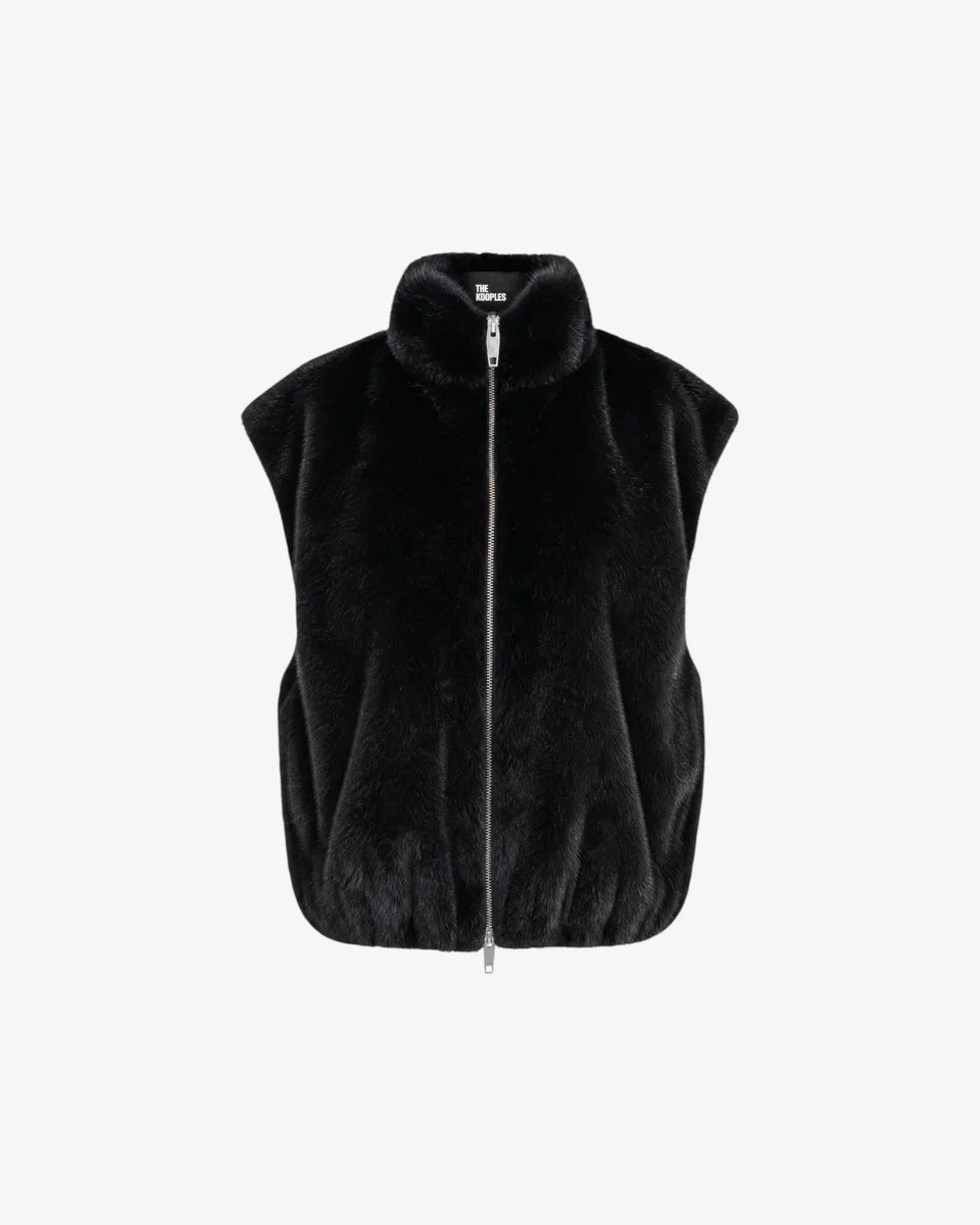BLACK FAUX FUR SLEEVELESS COAT - 1