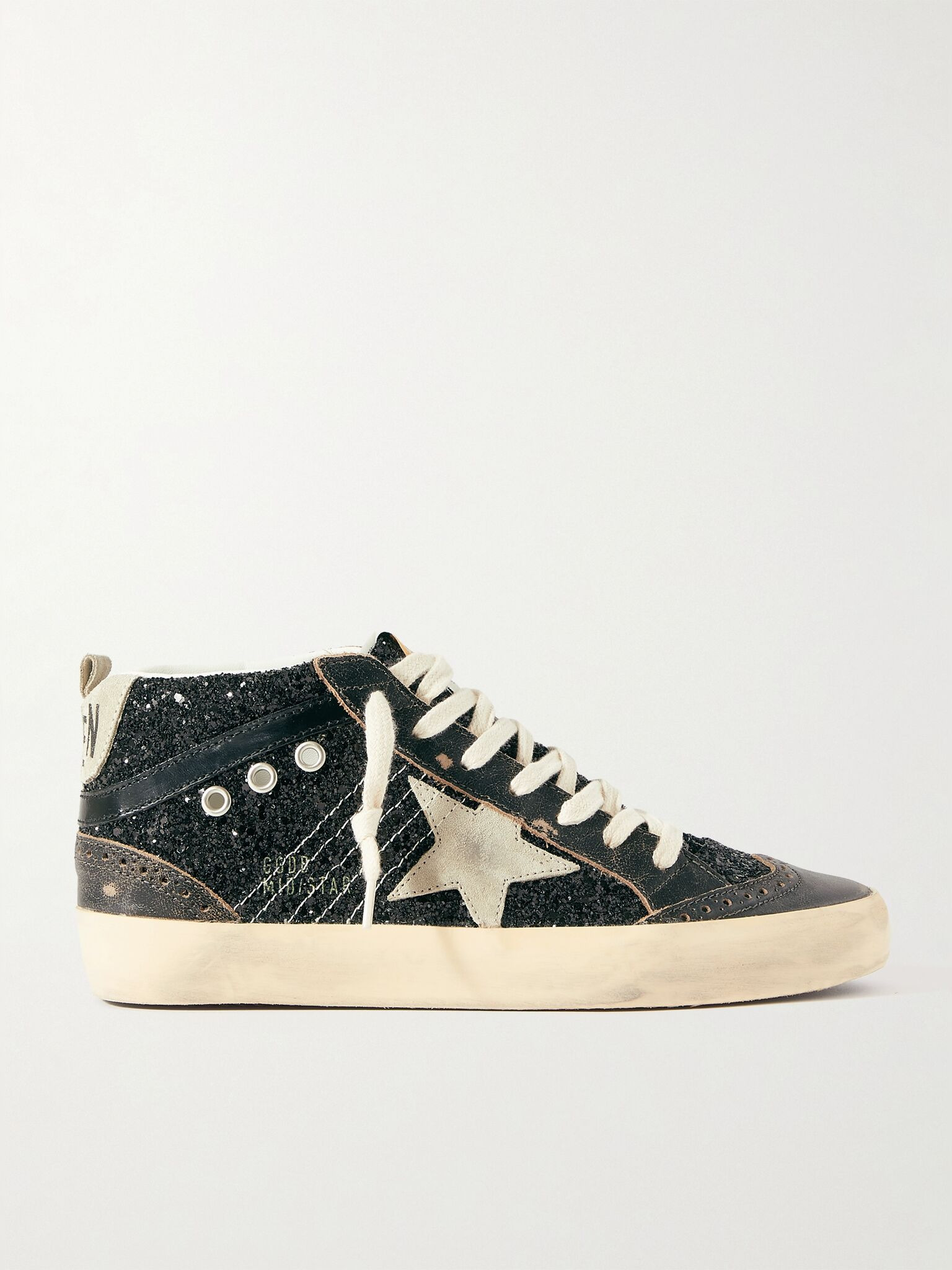 Mid Star suede and leather-trimmed distressed glittered faux leather sneakers Black - 1