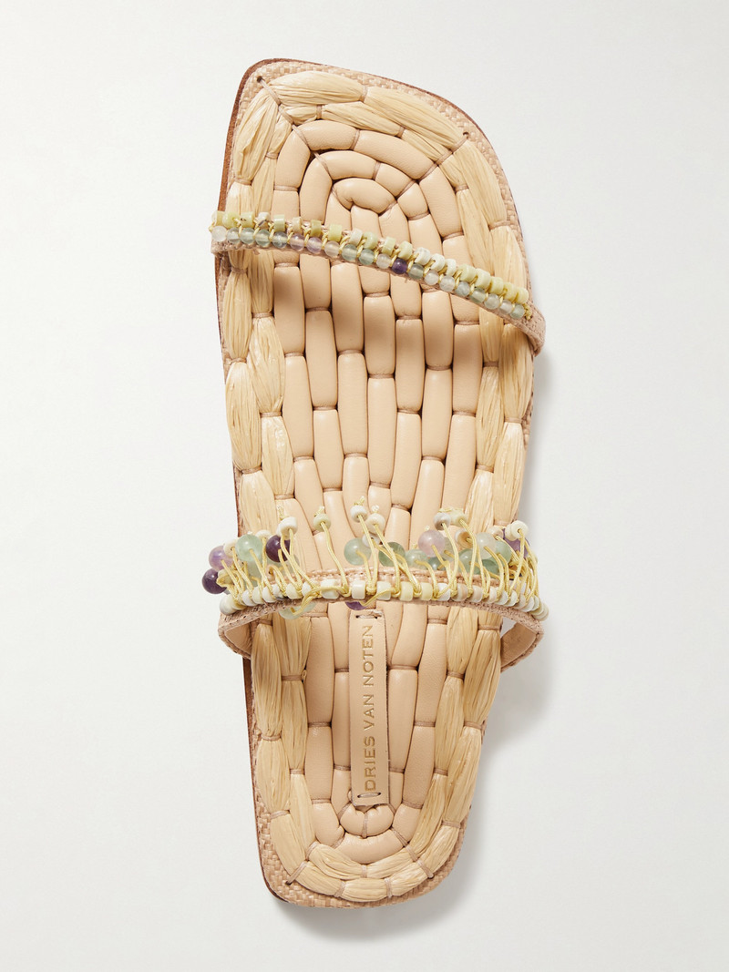 Fringed Bead-embellished Raffia Sandals 5