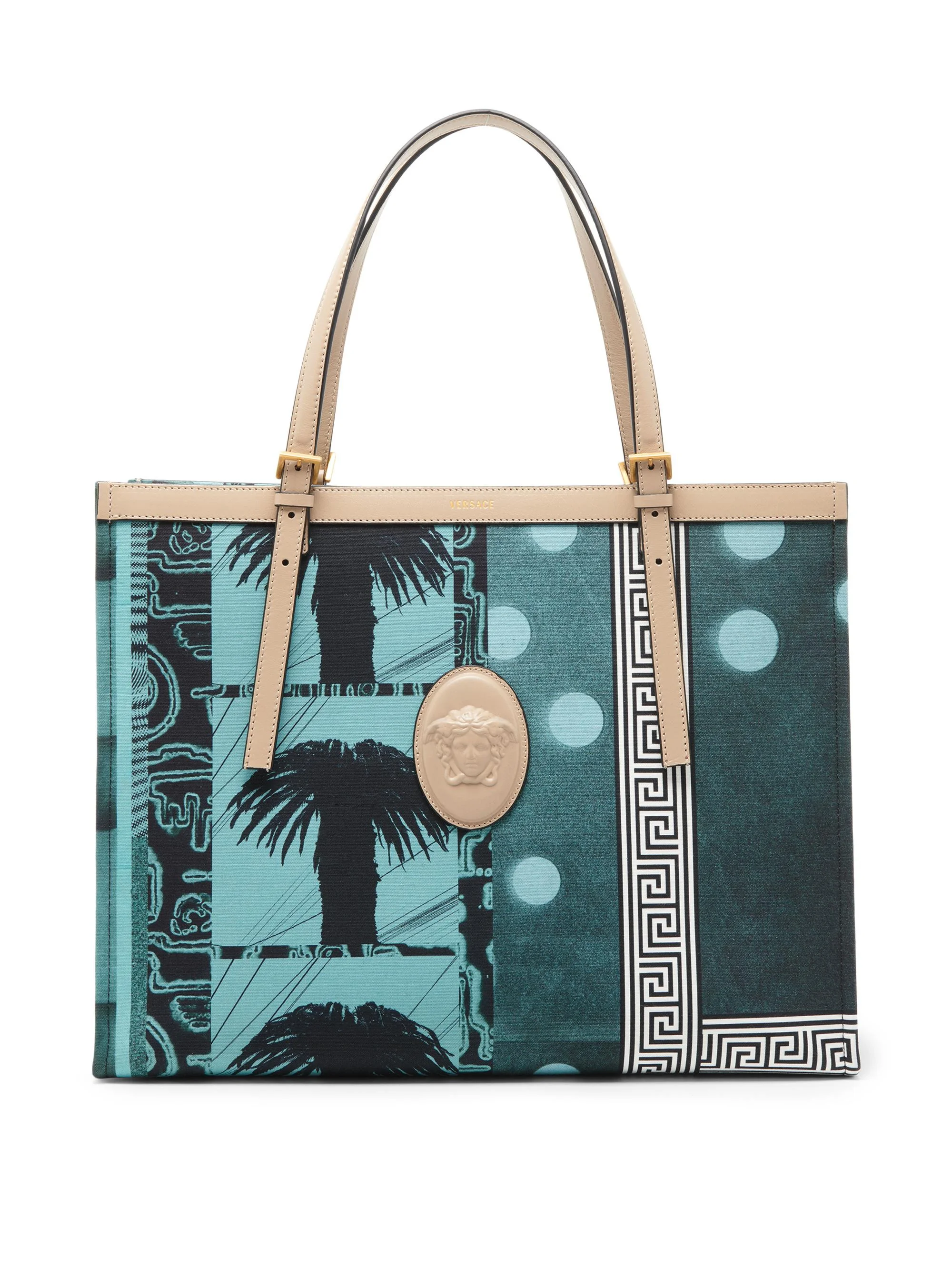 Women's Large Palm-Print Medusa Logo Tote Bag - Light Teal Dove Grey Gold - 1