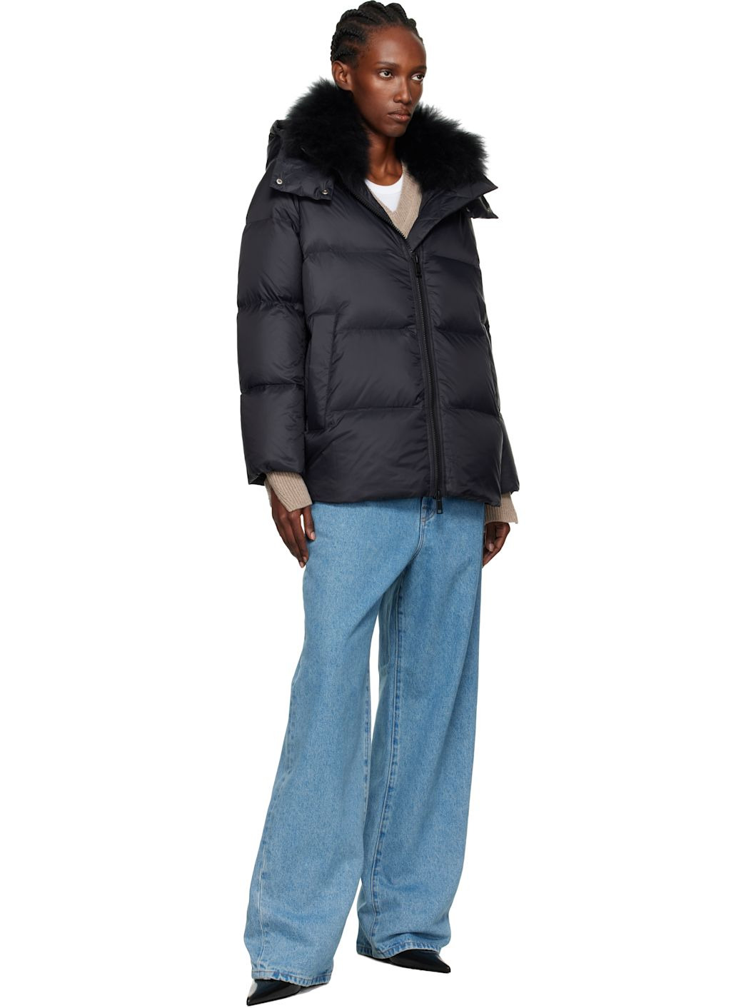 Black Iconic A Line Lambswool Collar Down Jacket - 4