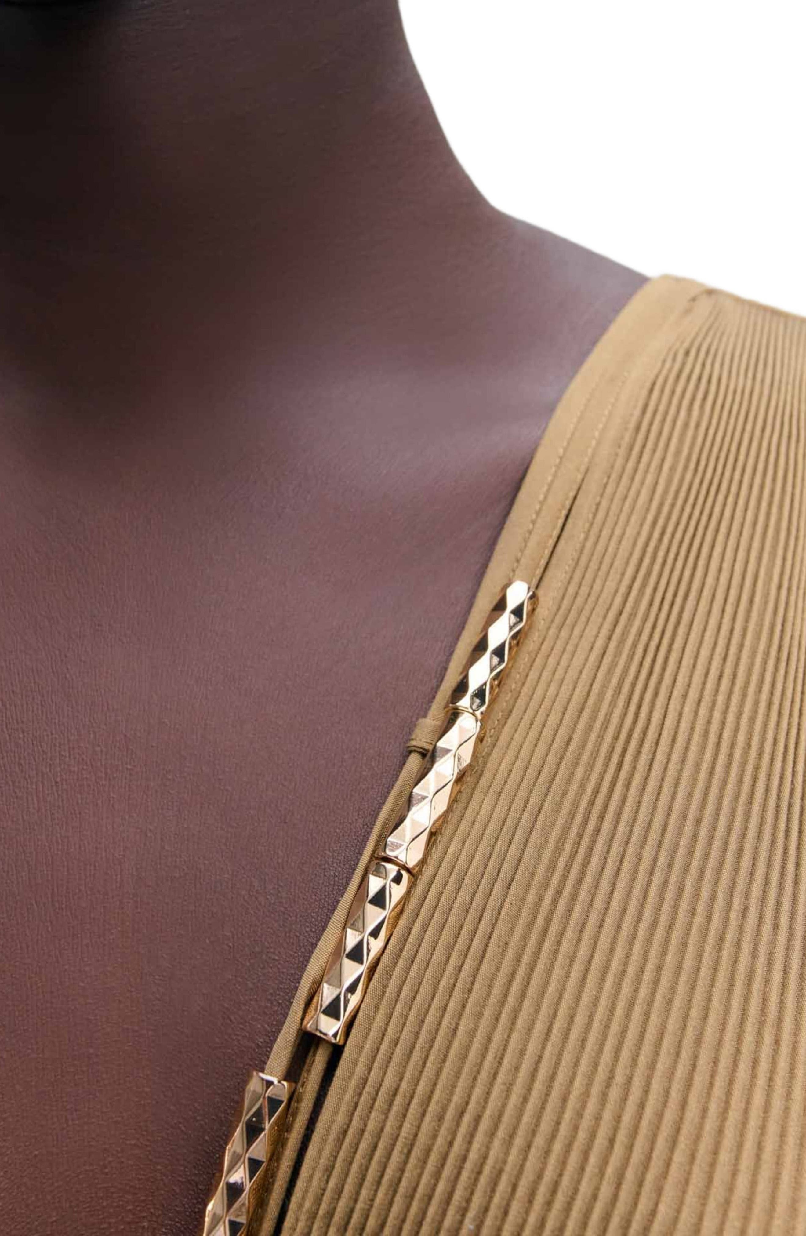 maje Jewellery neckline pleated dress in Khaki at Nordstrom - 7